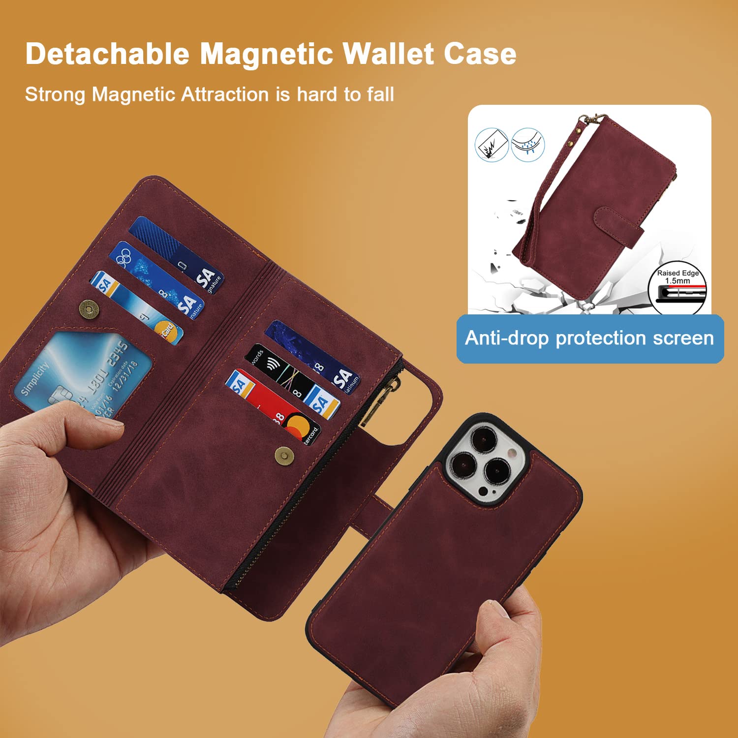 Havaya Detachable Wallet Case for iPhone 13 Pro Max - Flip Folio Zipper Phone Cover with Credit Card Slots & Card Holder (Wine Red) - Perfect for Everyday Use, Travel, and Business Professionals