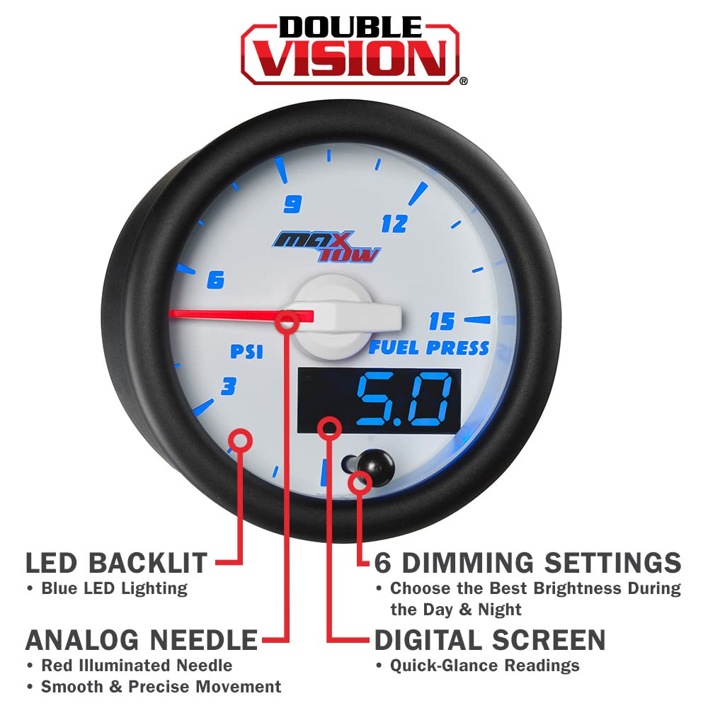 MaxTow Double Vision 15 PSI Fuel Pressure Gauge Kit with Electronic Sensor - White Face & Blue LED Dial - 52mm Analog/Digital Gauge for Trucks, Cars & Performance Vehicles - Engine Monitoring & Diagnostics Tool