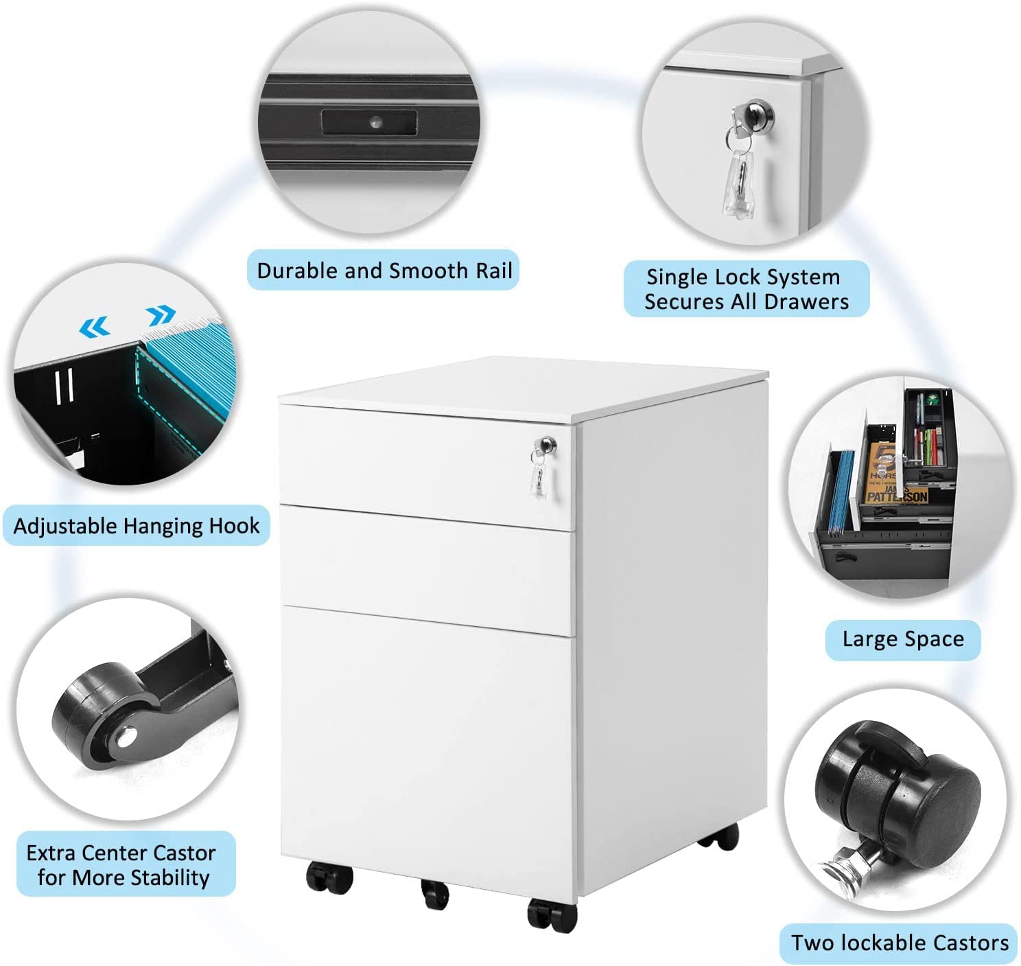 3-Drawer Metal File Cabinet with Lock & Wheels - Large Under Desk Storage for Office & Home - Fully Assembled White Filing Cabinet - Perfect for Organizing Documents, Files & Office Supplies