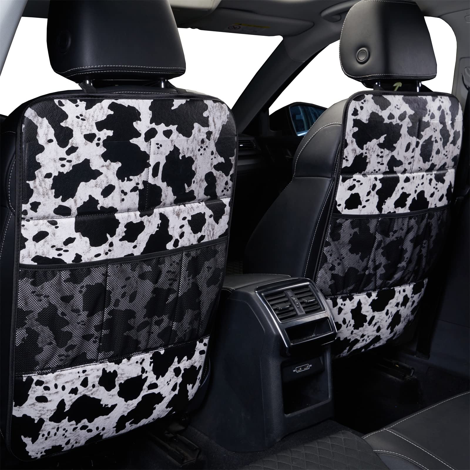 Cow Print Car Seat Back Kick Protectors - 2 Pack Kick Mats with Storage Pockets for Kids, Durable Car Accessories for SUVs & Minivans - Perfect for Road Trips & Family Travel