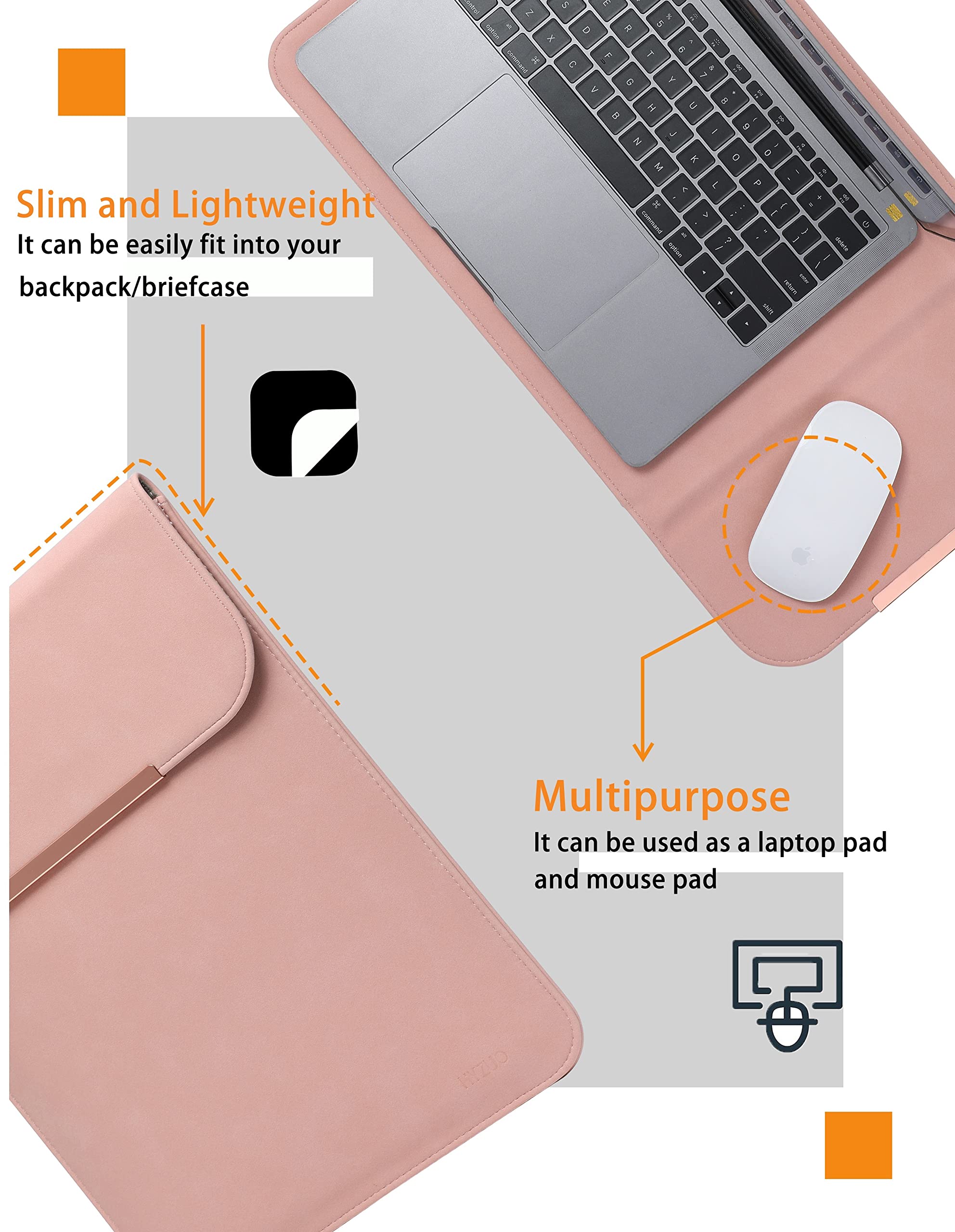 HYZUO 15-16 Inch Laptop Sleeve Bag for MacBook Pro 16 M2/M1 Pro/Max (2023-2019), MacBook Pro 15 (2019-2012), Dell XPS 15 - Premium Faux Suede Leather Case with Rose Gold Metal Trim in Pink | Protective Computer Sleeve for Work, Travel & School