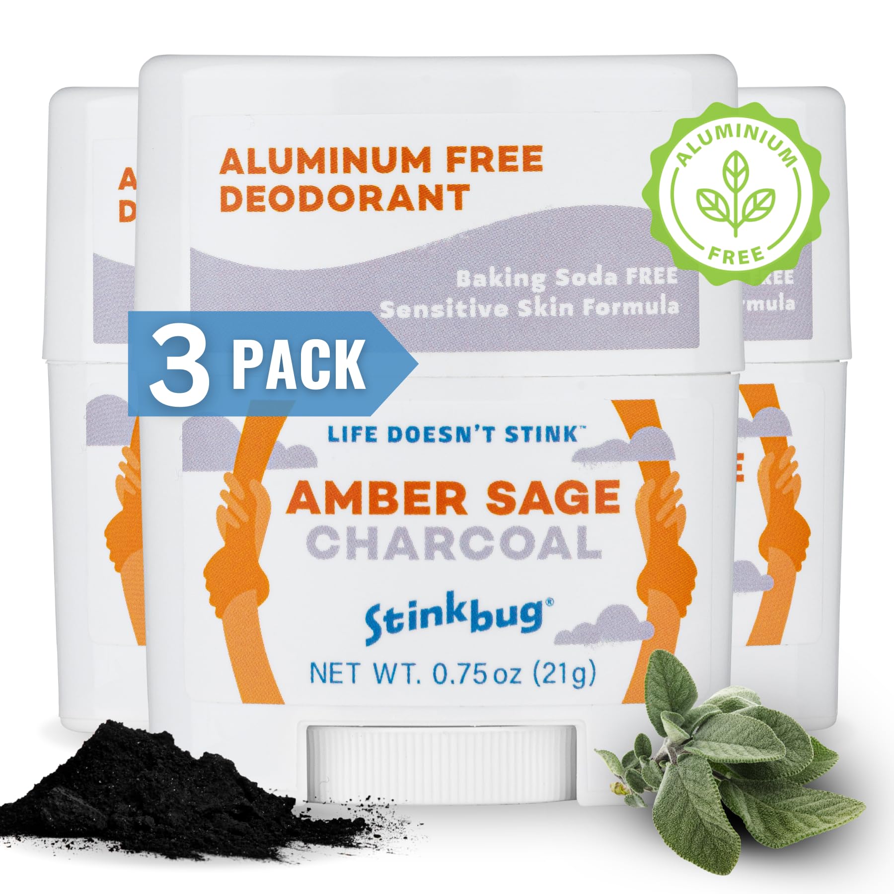 Organic Aluminum-Free Travel Size Deodorant Stick - Amber Sage, Coconut Oil & Activated Charcoal - 0.75oz (Pack of 3) | Natural Odor Protection for Gym, Travel & Daily Use