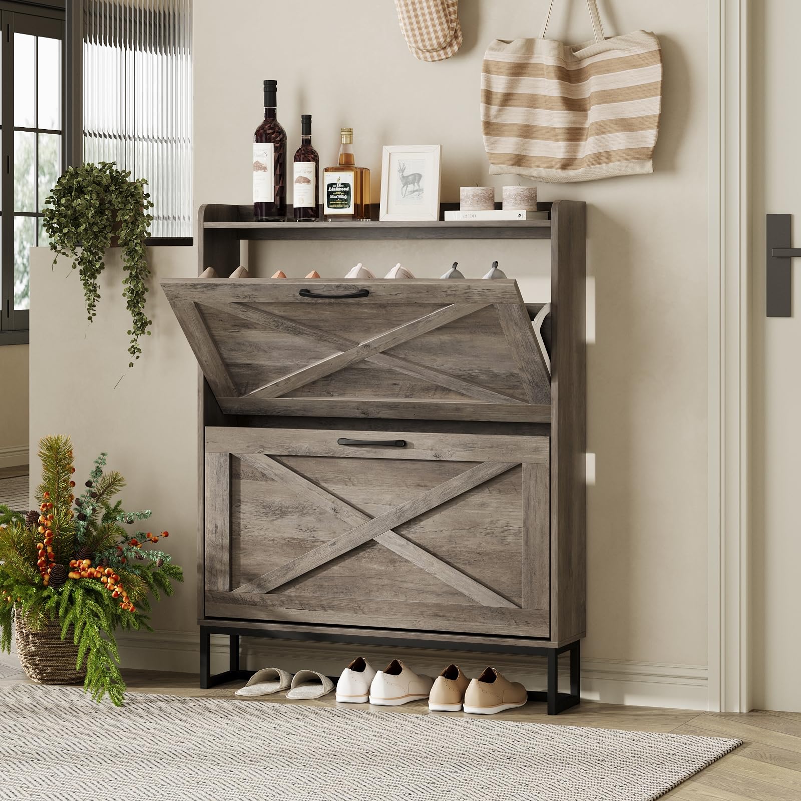 Maupvit Narrow Shoe Cabinet with 2 Flip Drawers - Slim Entryway Shoe Storage Organizer with Metal Legs | Farmhouse Style Free Standing Shoe Rack for Hallway, Closet & Small Spaces