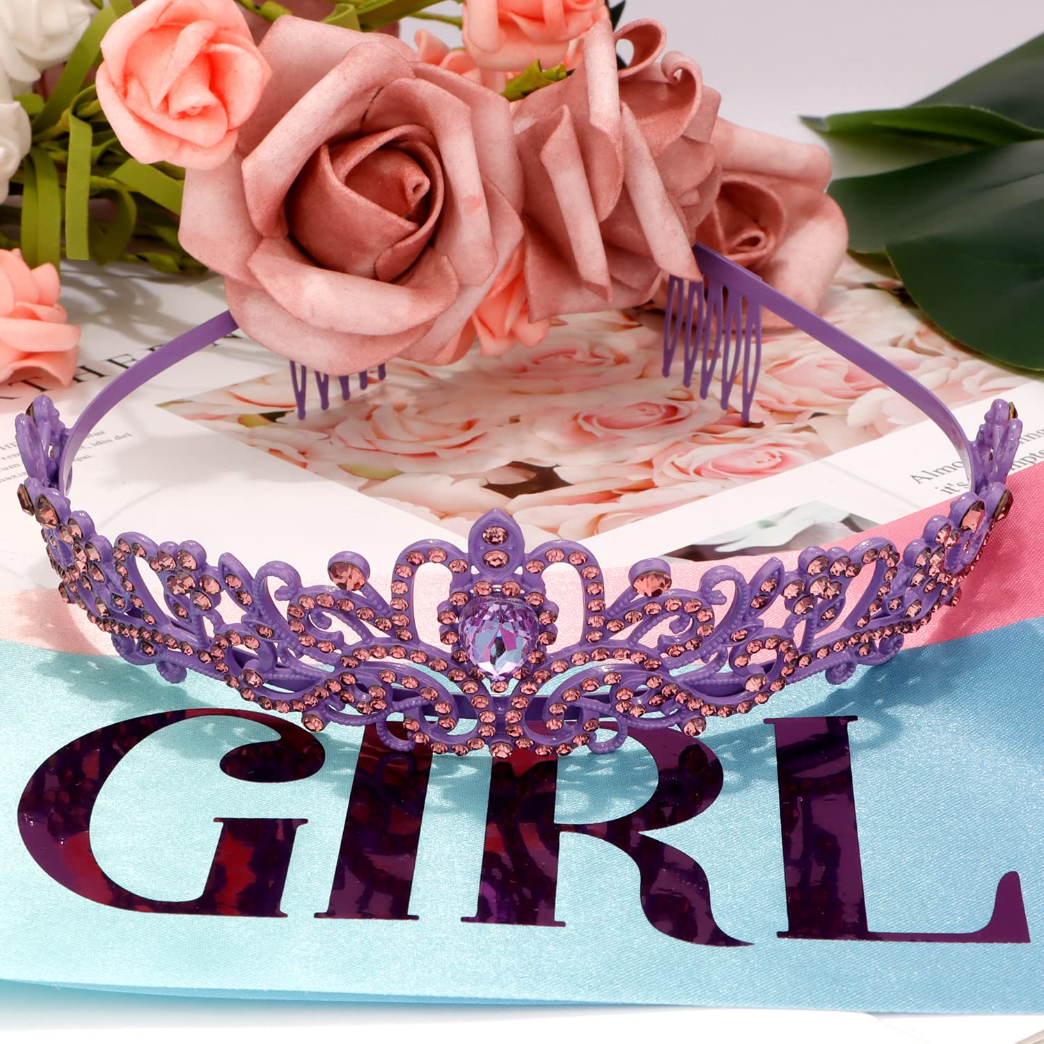 Elegant Purple Crystal Tiara & Colorful Birthday Sash Set for Women & Girls - Princess Crown Gift for Birthday Parties, Bachelorette Celebrations & Special Occasions
