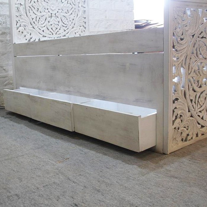 Hand Carved Indian Sera Wooden Trundle Single Bed - White | Solid Wood Frame | Space Saving Guest Bed | Perfect for Kids Rooms, Small Apartments & Guest Bedrooms