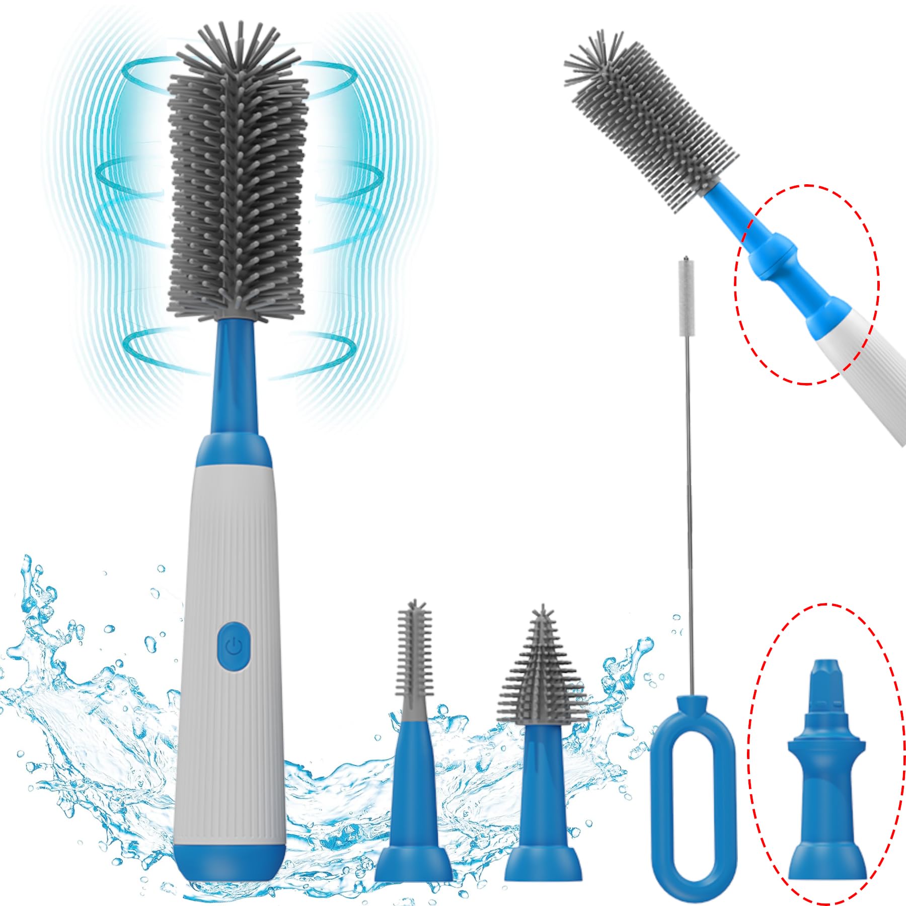 Electric Bottle Brush with Long Handle - 1500mAh Rechargeable, IP65 Waterproof for Baby Bottles, Water Bottles & Hard-to-Reach Areas - Perfect for Home, Travel & Camping Cleaning