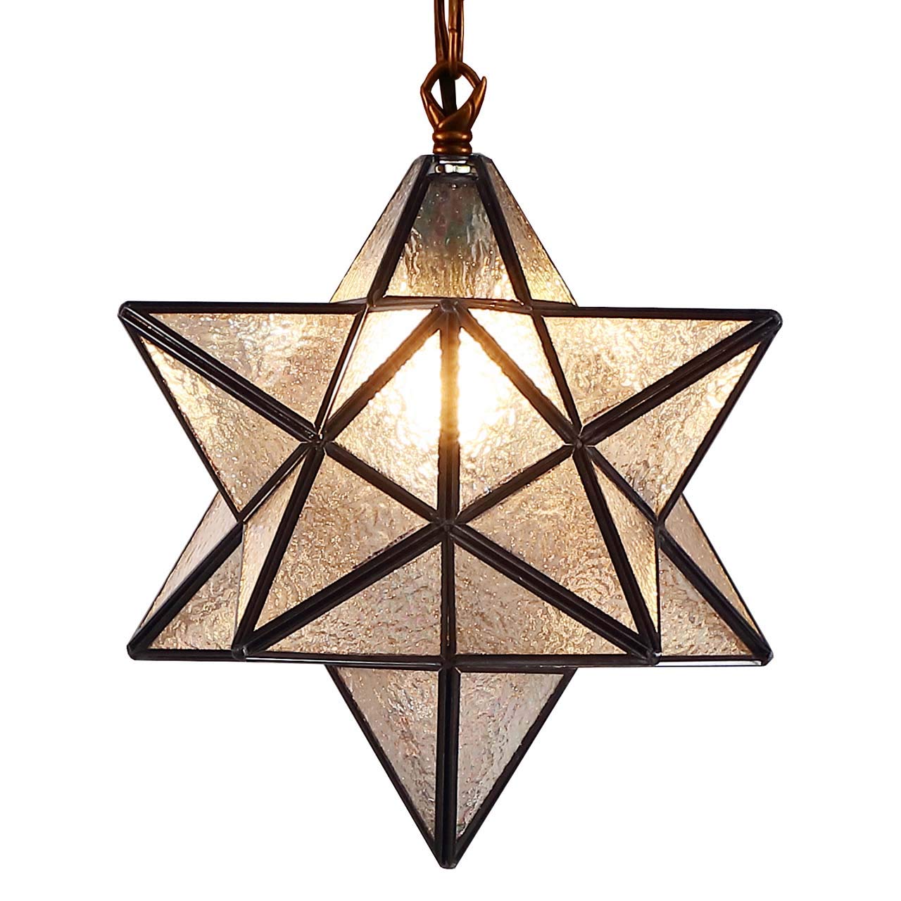 Bieye L10076 Moravian Star Tiffany Style Stained Glass Ceiling Pendant Light - 12-inch Wide Iridescent Glass Lampshade, 51-inch Tall Chain - Elegant Dining Room & Living Room Lighting Fixture