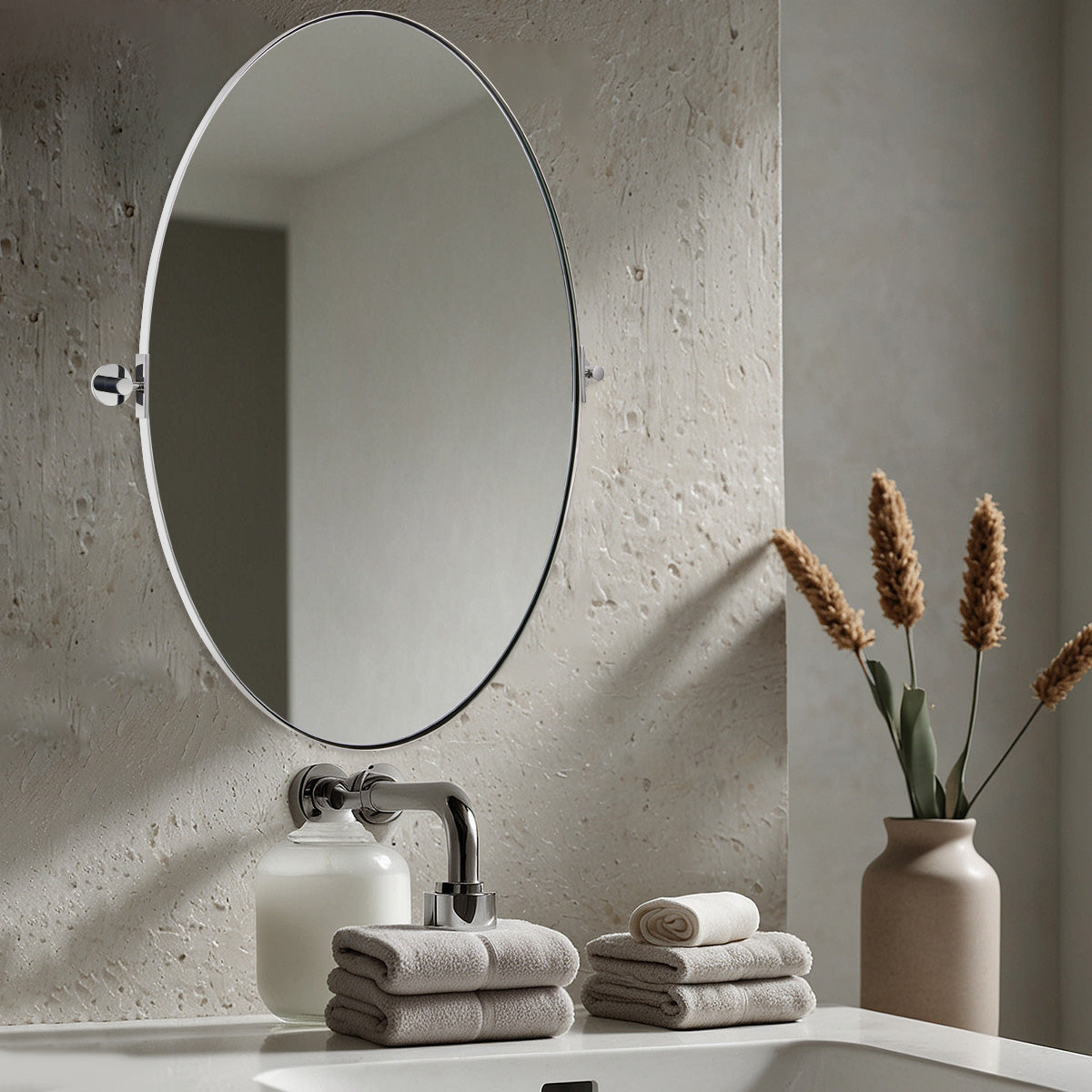 Adjustable Tilting Oval Pivot Mirror with Stainless Steel Frame for Bathroom Vanity | Perfect for Makeup, Shaving & Home Decor
