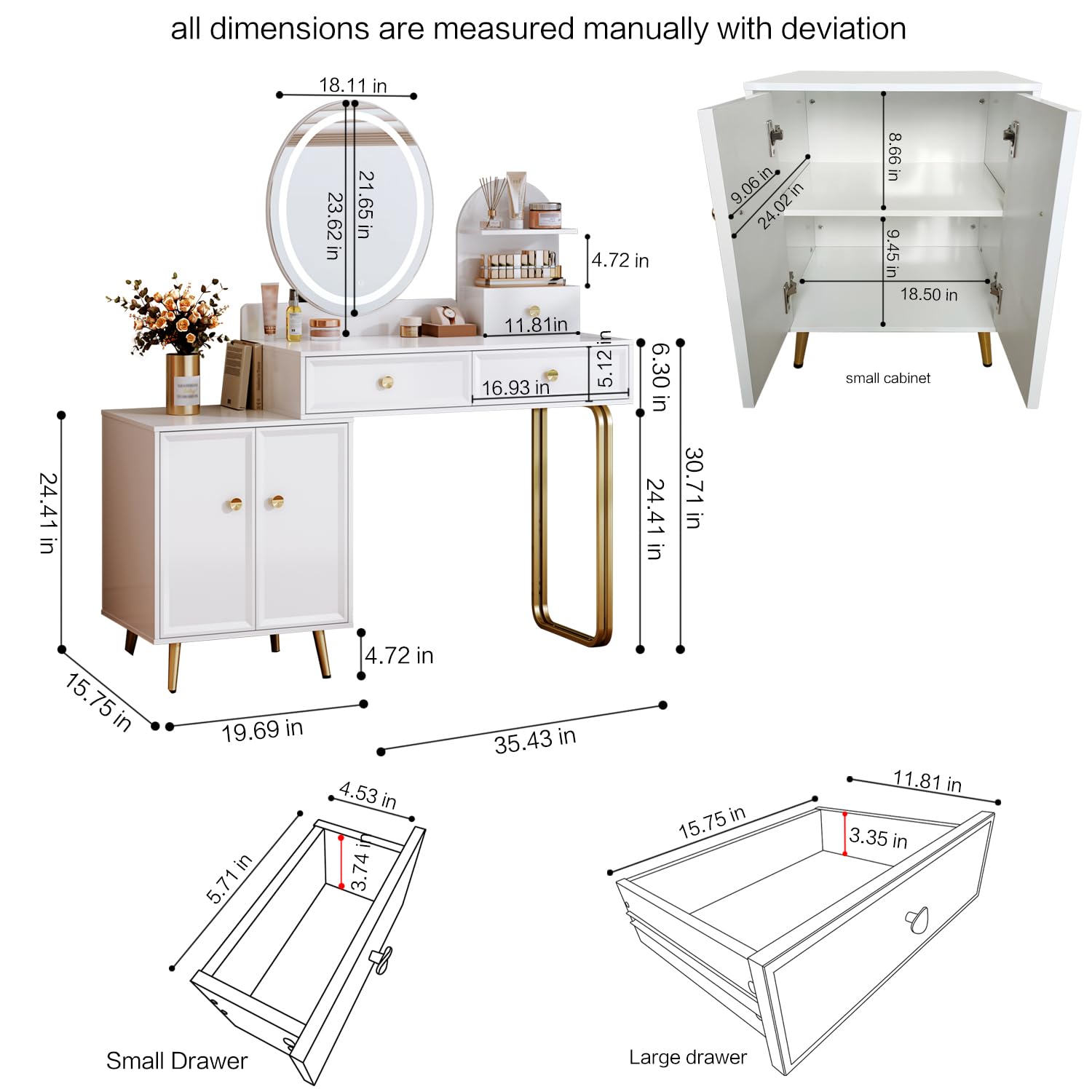 White Vanity Desk with Mirror and Lights - Small Makeup Vanity Table with 2 Spacious Drawers & Adjustable Cabinet - Modern Dressing Table for Bedroom, Makeup Room, Home Office or Writing Desk - Perfect for Cosmetics Storage & Daily Beauty Routine