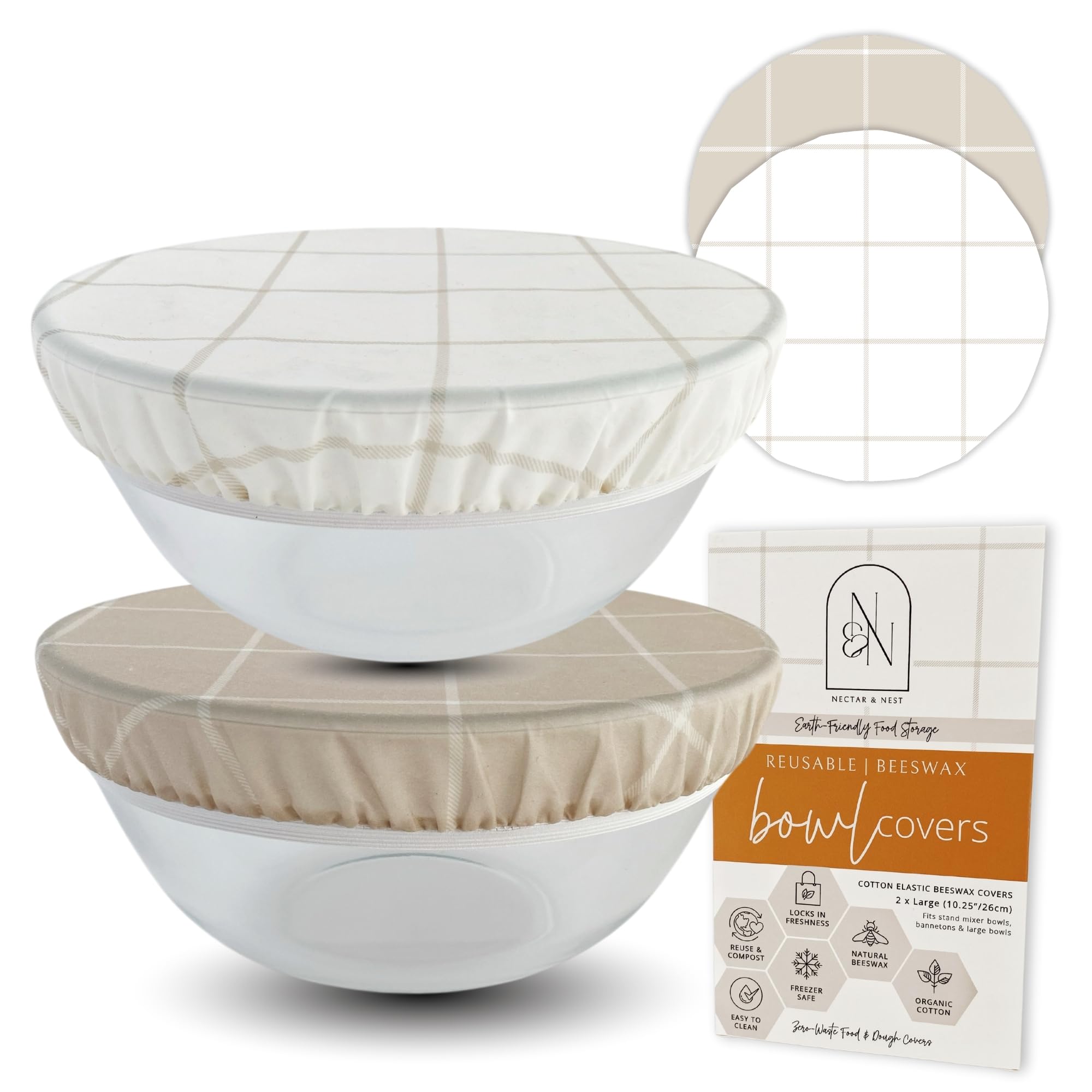 Reusable Beeswax Bowl Covers for Bread Proofing - 2 Large Elastic Cotton Cloth Covers for Sourdough Rising & Dough Proofing | Eco-Friendly Bread Bowl Covers for Baking, Meal Prep & Food Storage