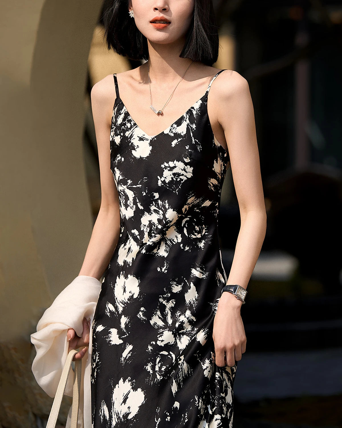 Elegant Black and White Floral Silk Dress for Women - Perfect for Weddings, Parties & Summer Outfits