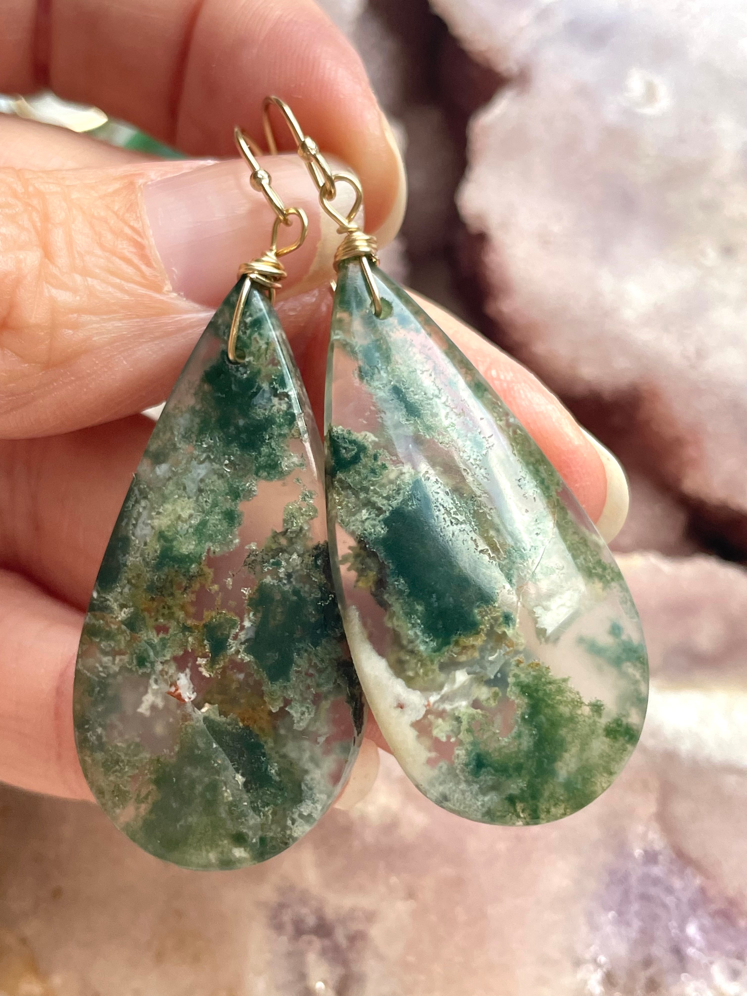 Large Moss Agate Statement Earrings - Gold Filled Dangle Earrings for Women - Elegant Boho Jewelry for Parties, Weddings & Special Occasions