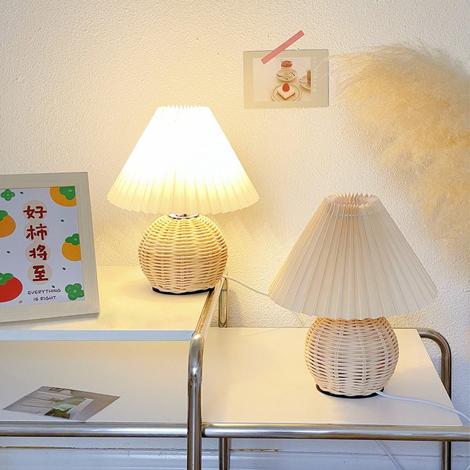 Rattan Pleated Table Lamp - Natural Woven Texture, Modern Boho Style for Bedroom, Living Room & Office Decor