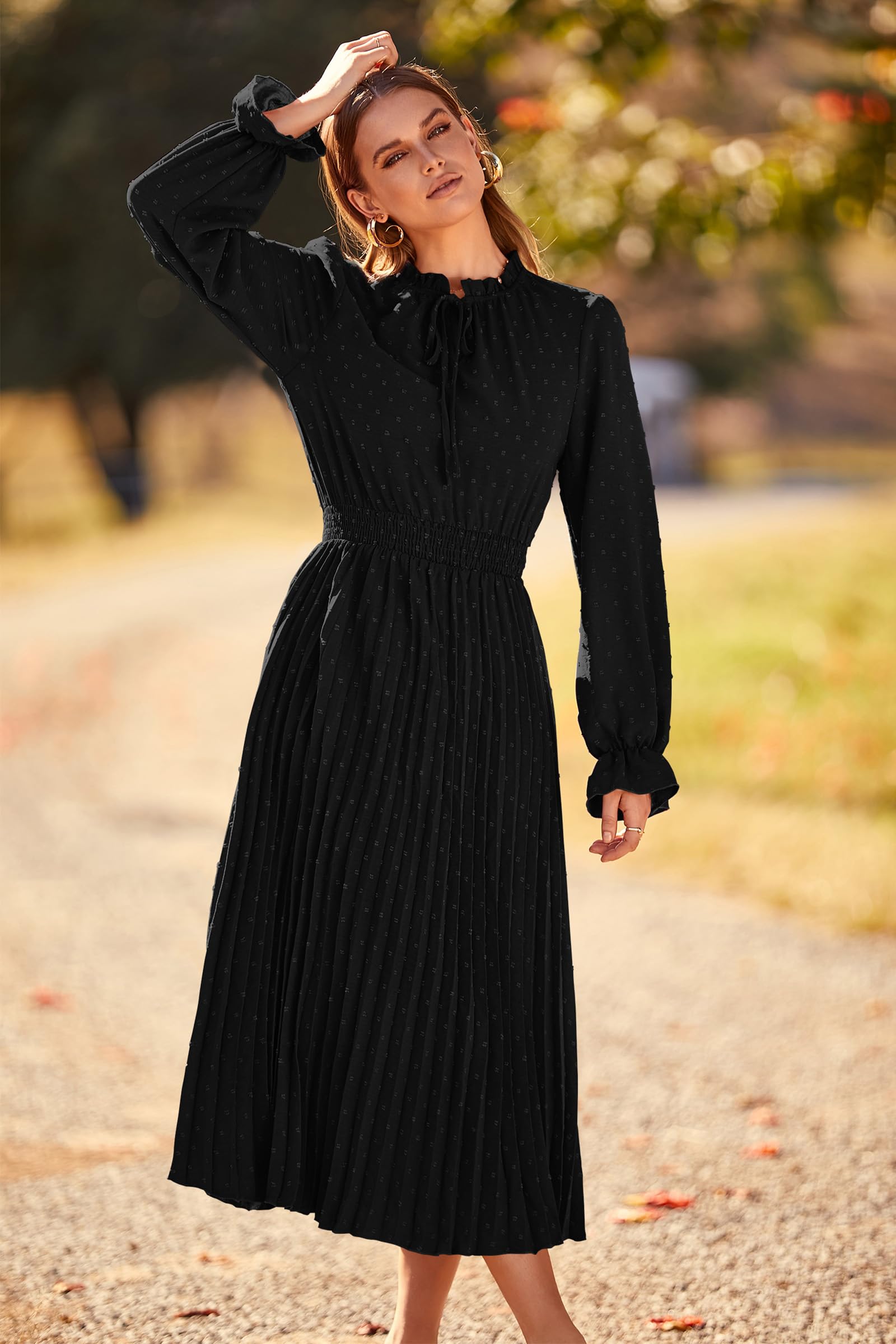 PRETTYGARDEN Women's 2025 Spring Fall Casual Midi Dress - Long Sleeve V-Neck Swiss Dot Pleated A-Line Flowy Dress for Work, Date Night & Special Occasions