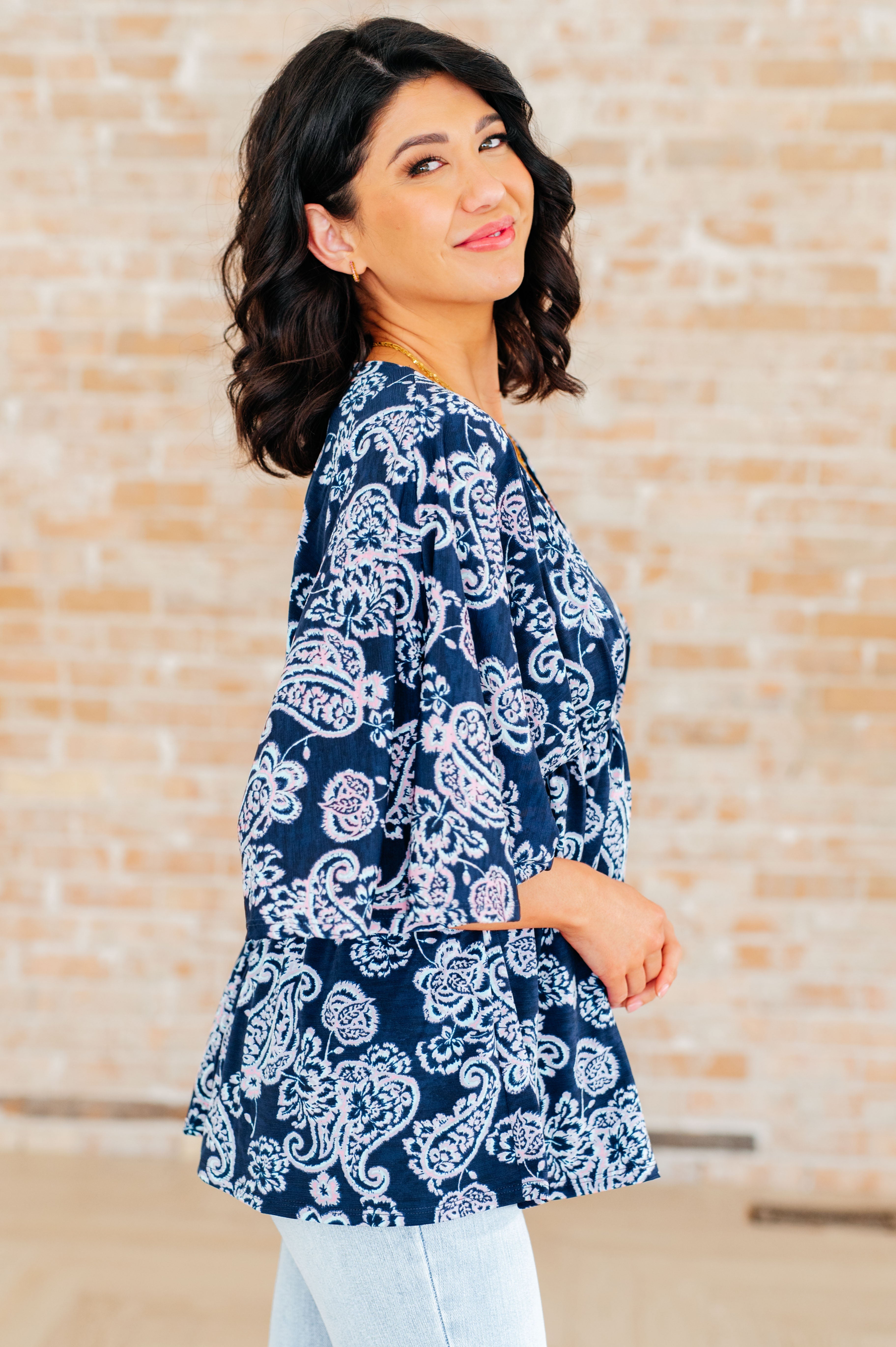 Dear Scarlett Navy and Pink Paisley Dreamer Peplum Top - Women's Floral Print Blouse for Casual Wear, Date Night & Office Outfits