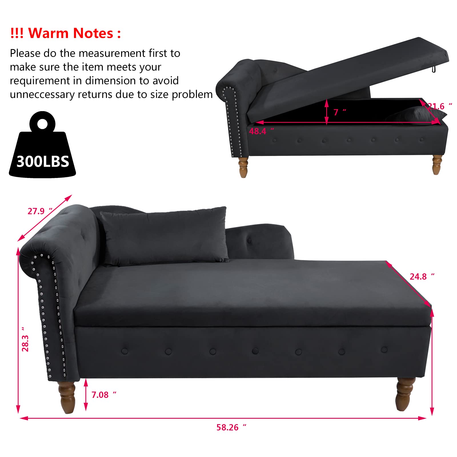 Setawix Velvet Chaise Lounge Chair with Storage - Tufted Ottoman Bench for Living Room, Bedroom & Office - Rolled Arm End of Bed Bench - Window Seat & Entryway Storage Solution (Black) - Perfect for Small Spaces, Reading Nooks & Home Decor