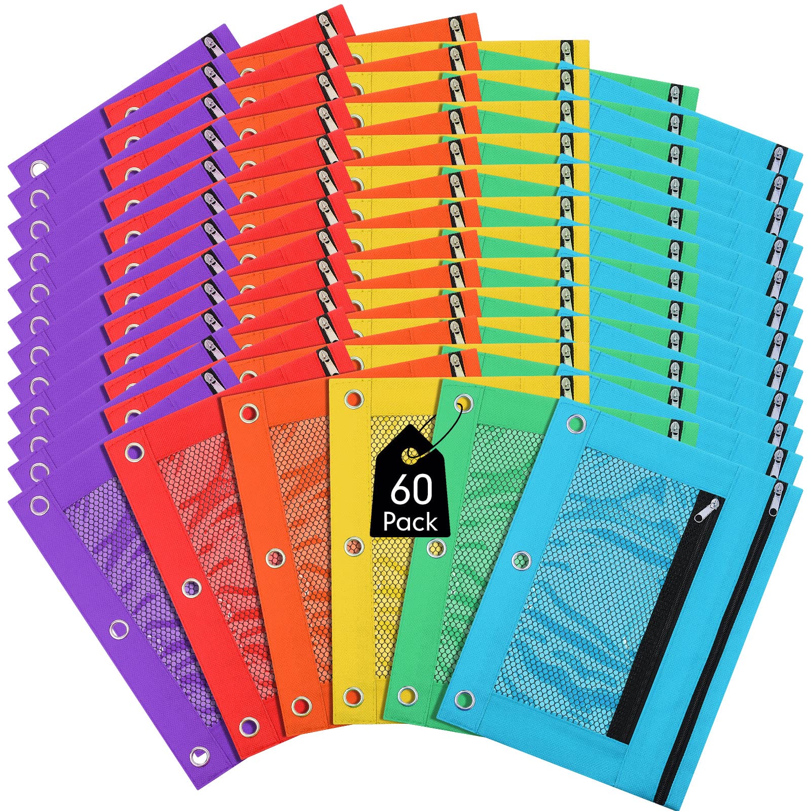 60 Pack Mesh Zipper Pencil Pouch for 3 Ring Binder - Assorted Colors School Supplies for Pens, Pencils & Writing Utensils Storage - Perfect for Classroom, Office & Backpack Organization