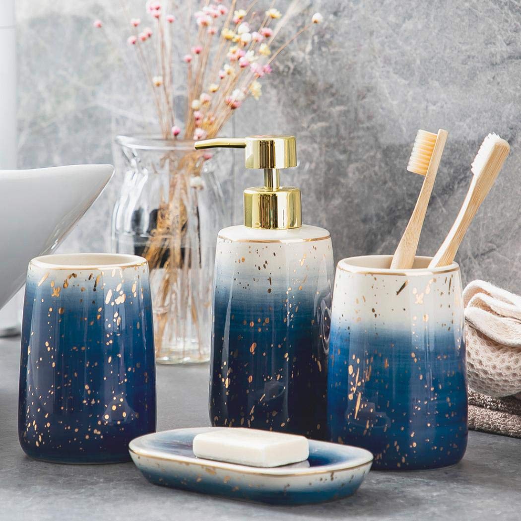 Modern Ceramic Bathroom Accessories Set - 4 Piece Soap Dispenser, Toothbrush Holder, Soap Dish & Toothbrush Cup | Elegant Home Decor Gift for Bathroom Organization & Spa-Like Experience