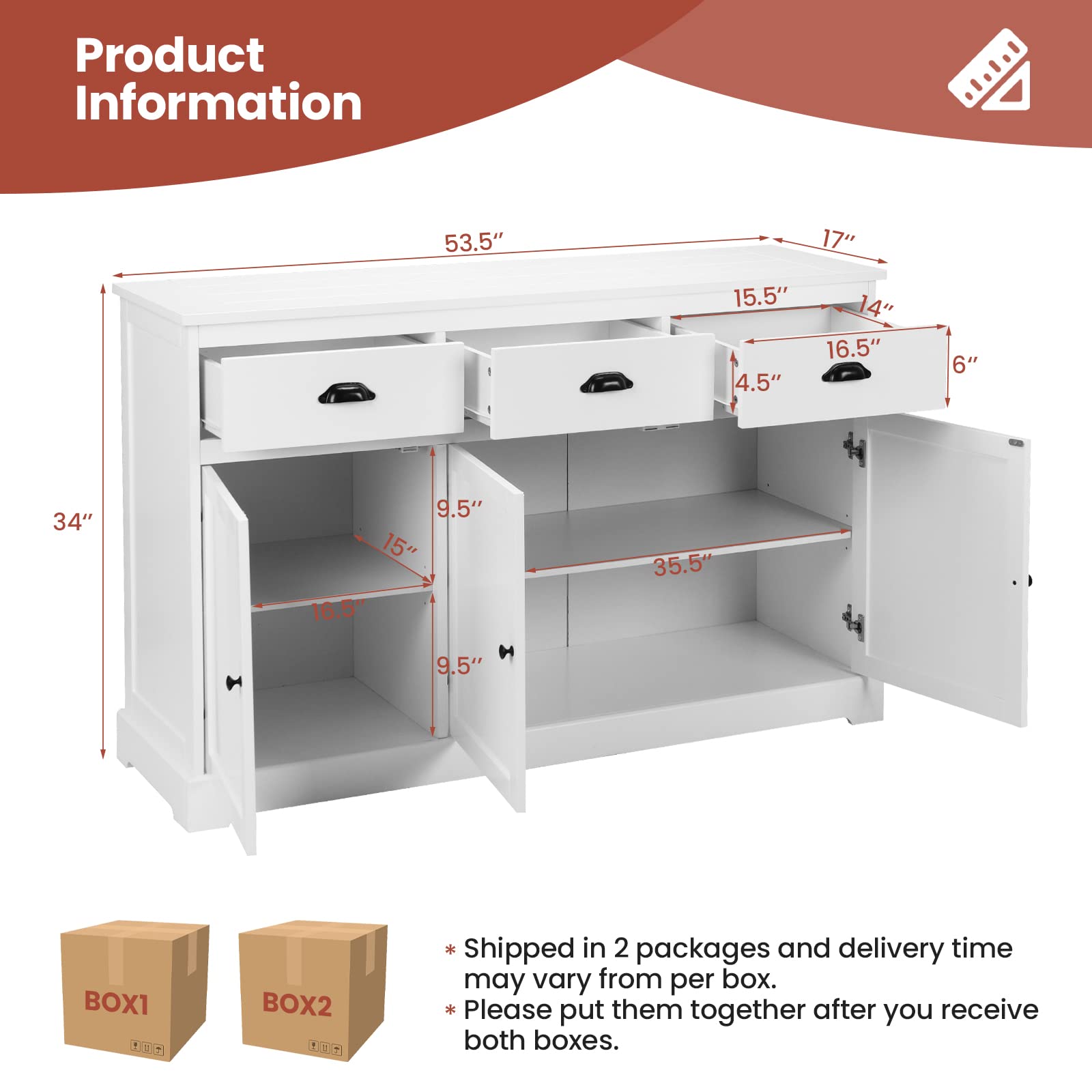 Giantex White Sideboard Buffet Server - 2 Cabinets & 3 Drawers Storage Cabinet with Adjustable Shelves for Dining Room, Kitchen, Entryway - Perfect for Home Organization & Entertaining Guests
