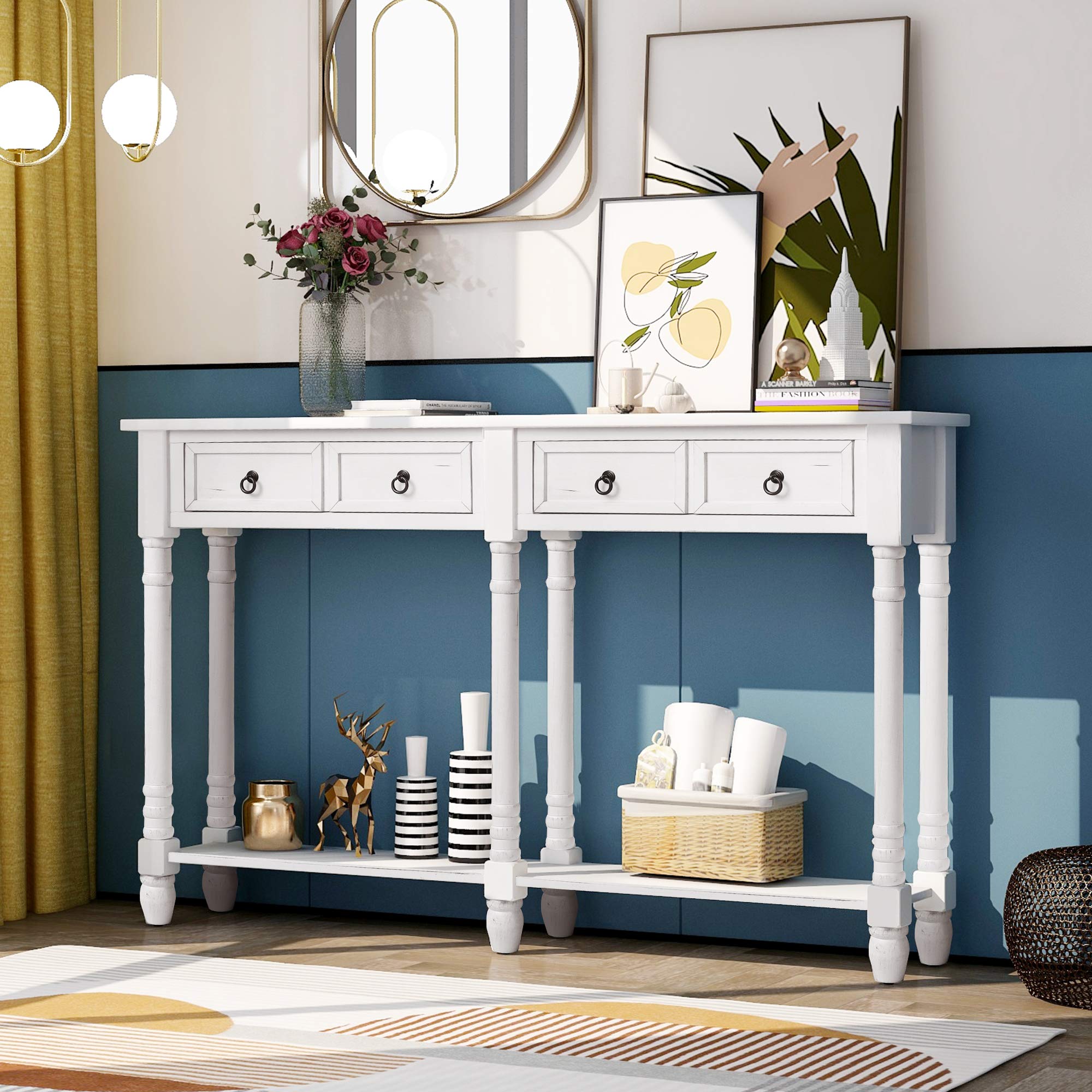 Rustic Entryway Console Table with 2 Storage Drawers & Open Shelf - Antique White Sofa Table for Living Room, Hallway & Foyer - Easy Assembly Home Decor for Small Spaces & Apartment Entryways