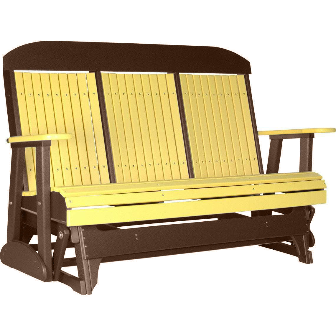 LuxCraft 5 ft. Yellow Recycled Plastic Highback Outdoor Glider with Cup Holder - Perfect for Patio, Garden, and Backyard Relaxation