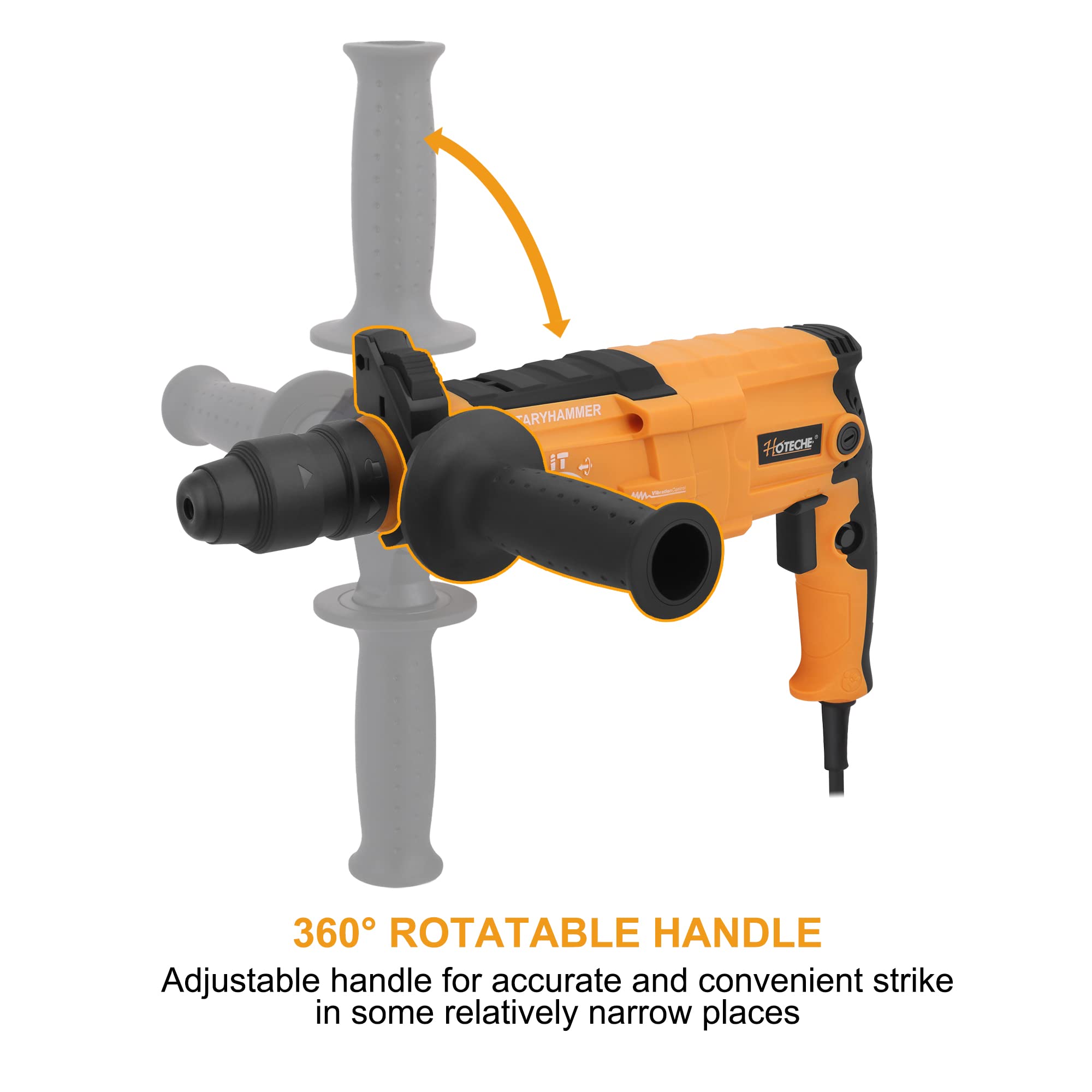 Hoteche 3-in-1 Rotary Hammer Drill 800W 6.7-Amp SDS Plus Electric Hammer with Variable Speed - 1/2 Inch Chuck, Drill Bits & Chisels Included - Perfect for Concrete Drilling, Demolition & Masonry Work