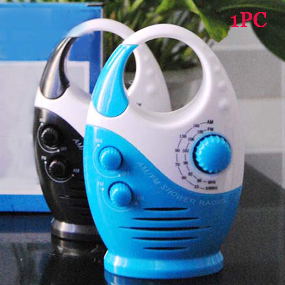 Waterproof Shower Radio with Built-in Speaker - Splash Proof AM/FM Bathroom Radio with Adjustable Volume & Top Handle for Shower, Pool, Beach & Outdoor Use (Blue and White)