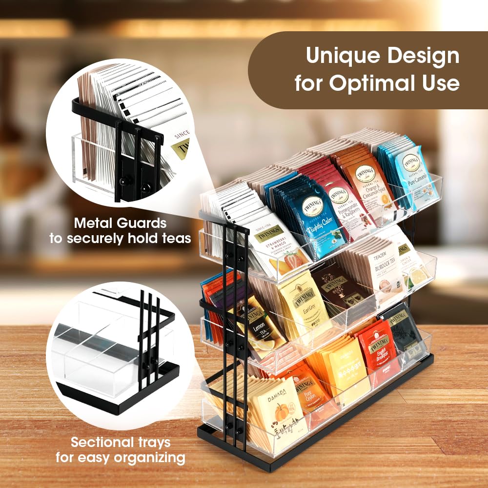 Premium 3-Tier Tea Bag Organizer - Stainless Steel & Acrylic Storage Holder with 15 Compartments for Tea Bags, Sugar Packets & Coffee Pods - Space-Saving Countertop Organizer for Kitchen, Office or Coffee Station (Black, MK956A) by J JACKCUBE DESIGN