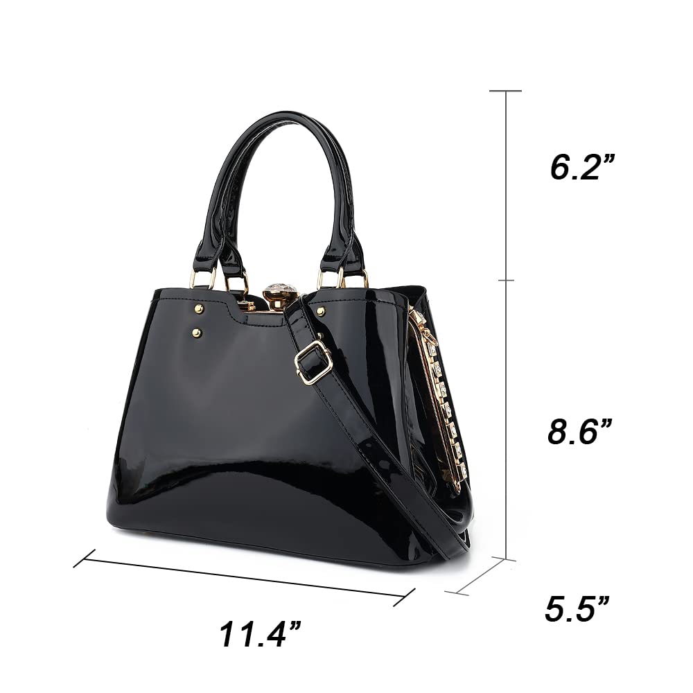 Stylish Black Patent Leather Satchel Handbag for Women - Top Handle with Kiss Lock, Shoulder & Crossbody Bag - Perfect for Work, Travel & Everyday Use
