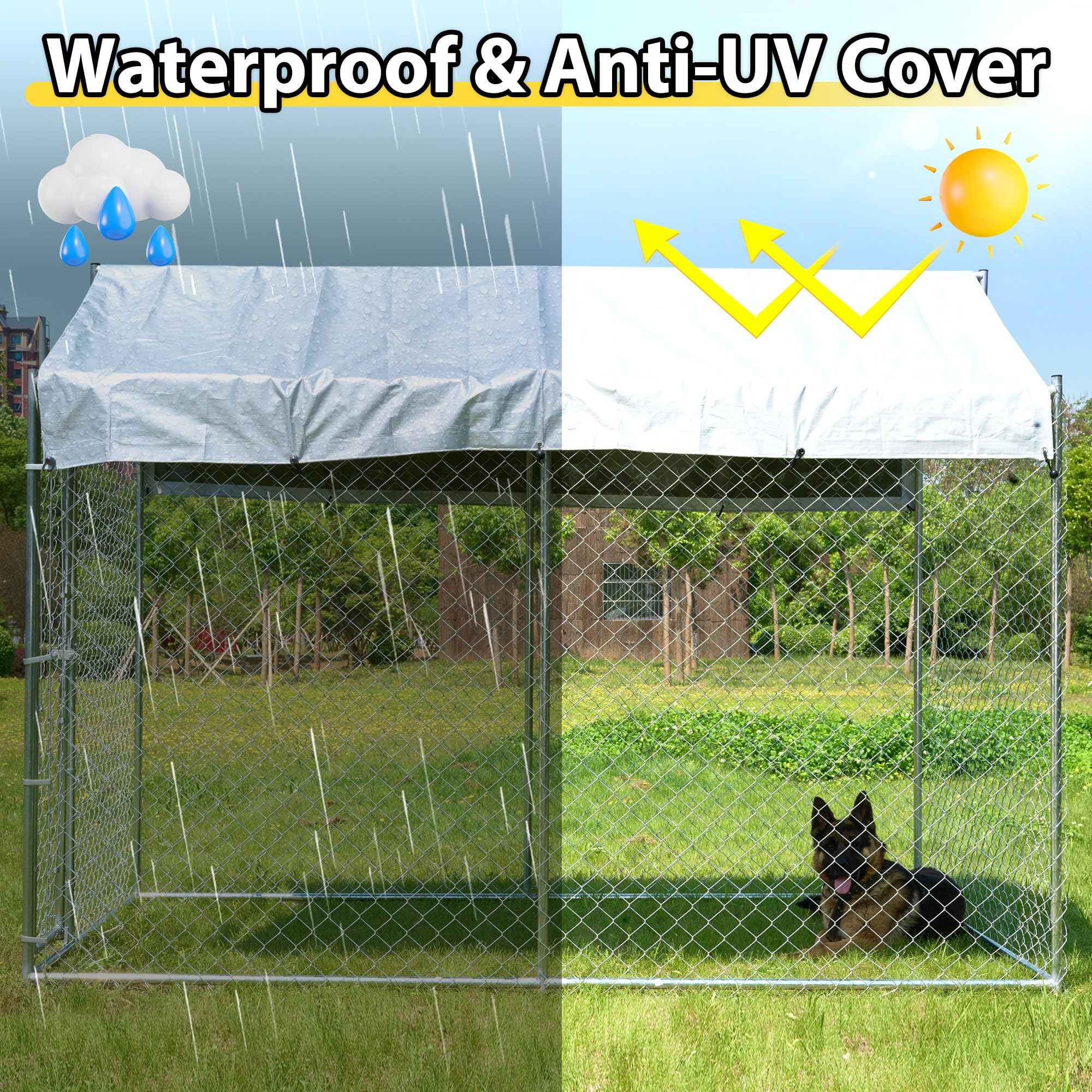 10'x6'x7.65' Heavy Duty Chain Link Metal Dog Kennel - Large Outdoor Dog Playpen with Lockable Door & Waterproof Canopy | Durable Exercise Pen for Medium & Large Dogs | Perfect for Backyard, Camping & Dog Training