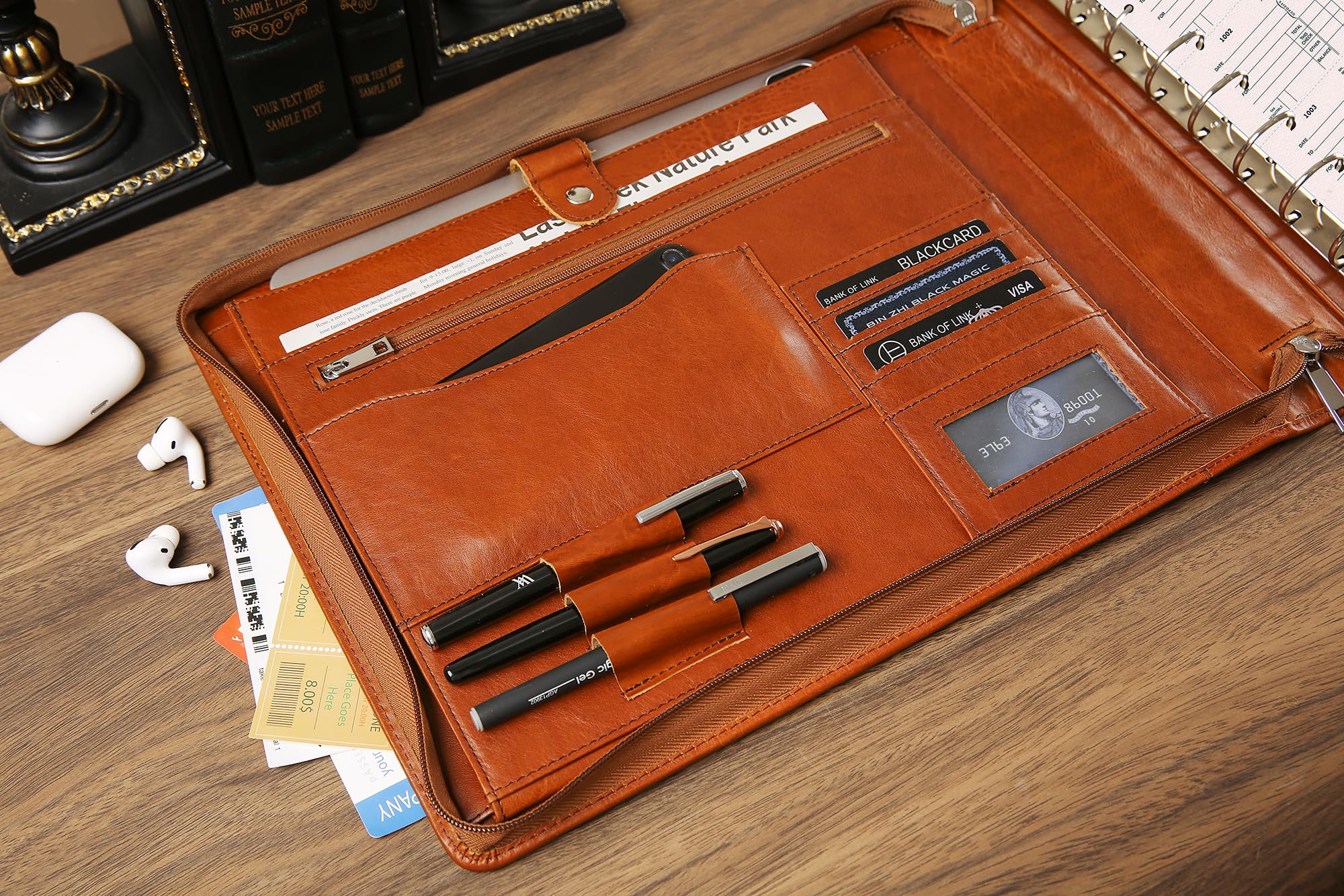 Premium Leather Business Checkbook Binder - 7-Ring Zippered Organizer with Checkbook Holder for 3 Per Page Checks, Holds 600 Checks & 9x13 Inch Sheets, Oil Brown - Ideal for Office, Accounting & Financial Management