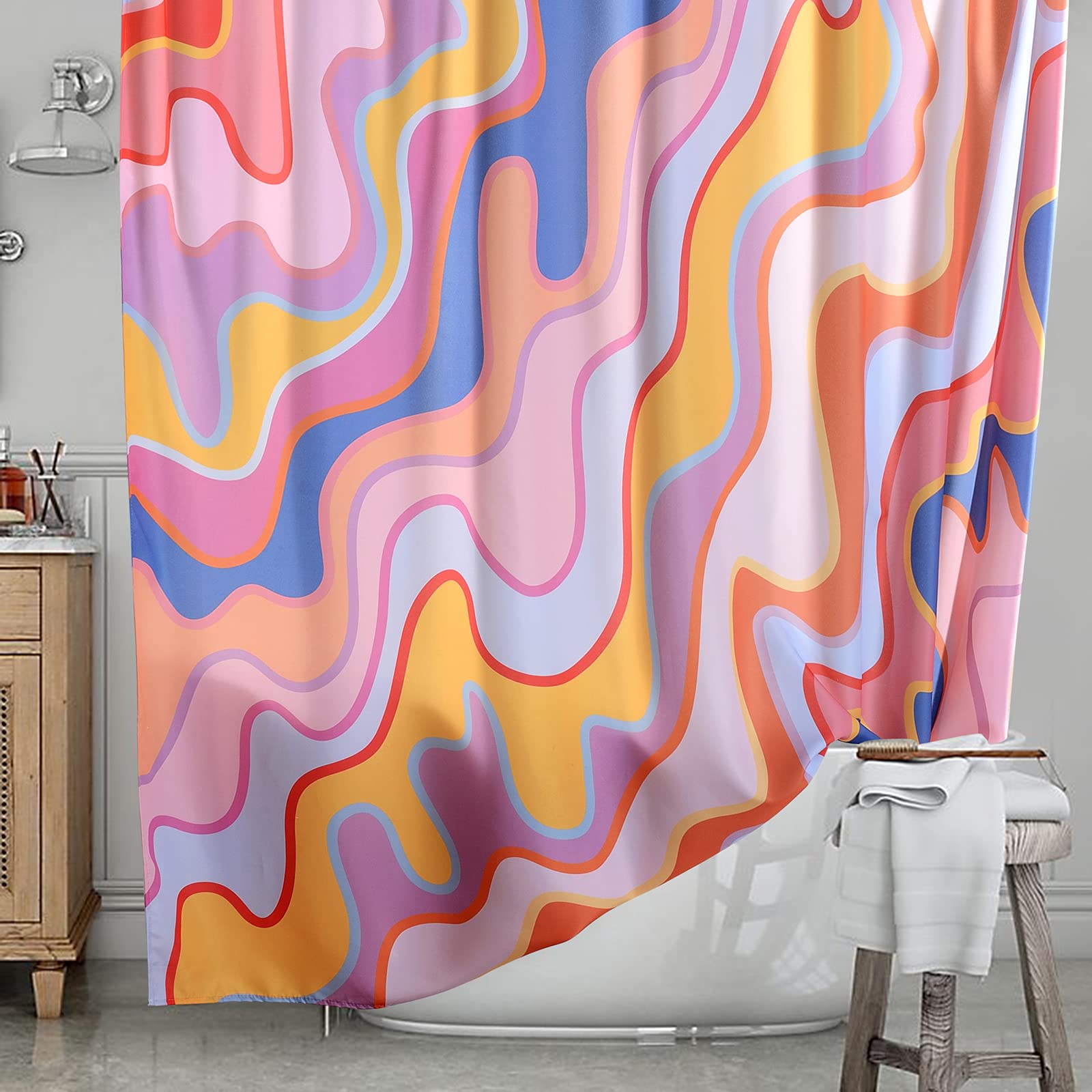 Vintage Abstract Art Shower Curtain Set - 36x72 Inch Colorful Groovy Waves & Geometric Stripes Bathroom Decor | Waterproof Fabric Half Shower Curtain for Retro Aesthetic & Minimalist Style | Perfect for Small Bathrooms, Guest Baths & Boho Chic Home Decor