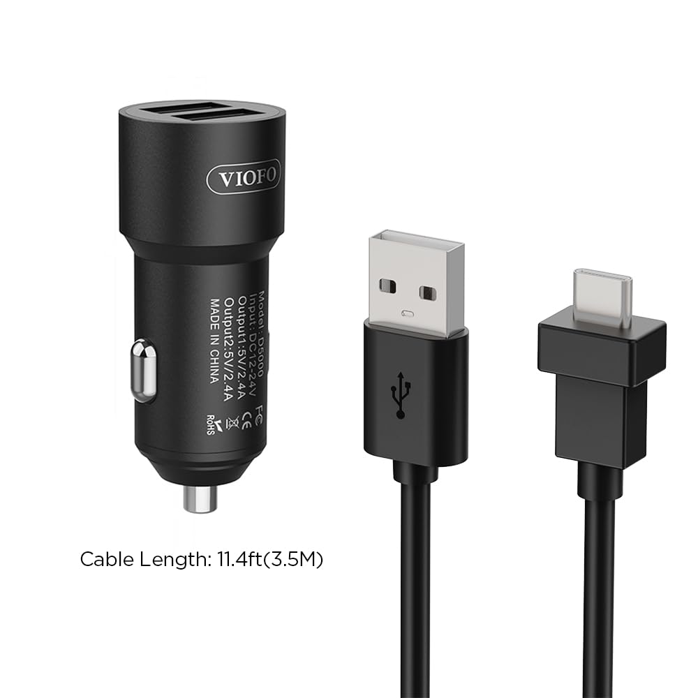 VIOFO D5000 Type-C USB Car Charger with 11.4ft (3.5M) Power Cable - Compatible with A229 Pro, A229 Plus, A119 Mini 2, A139 Pro, T130 & WM1 Dash Cams - Fast Charging for Road Trips & Daily Commutes