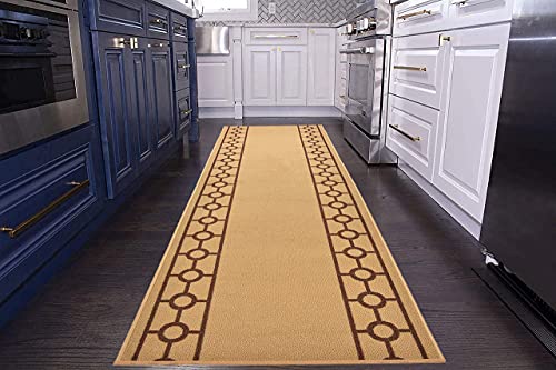 Custom Size Runner Rug with Chain Border Design - 26 Inch Wide Extra Long Non-Slip Rug for Hallways, Entryways & High Traffic Areas (Beige, 27ft x 26in) - Durable Skid-Resistant Rubber Backing for Safety & Style