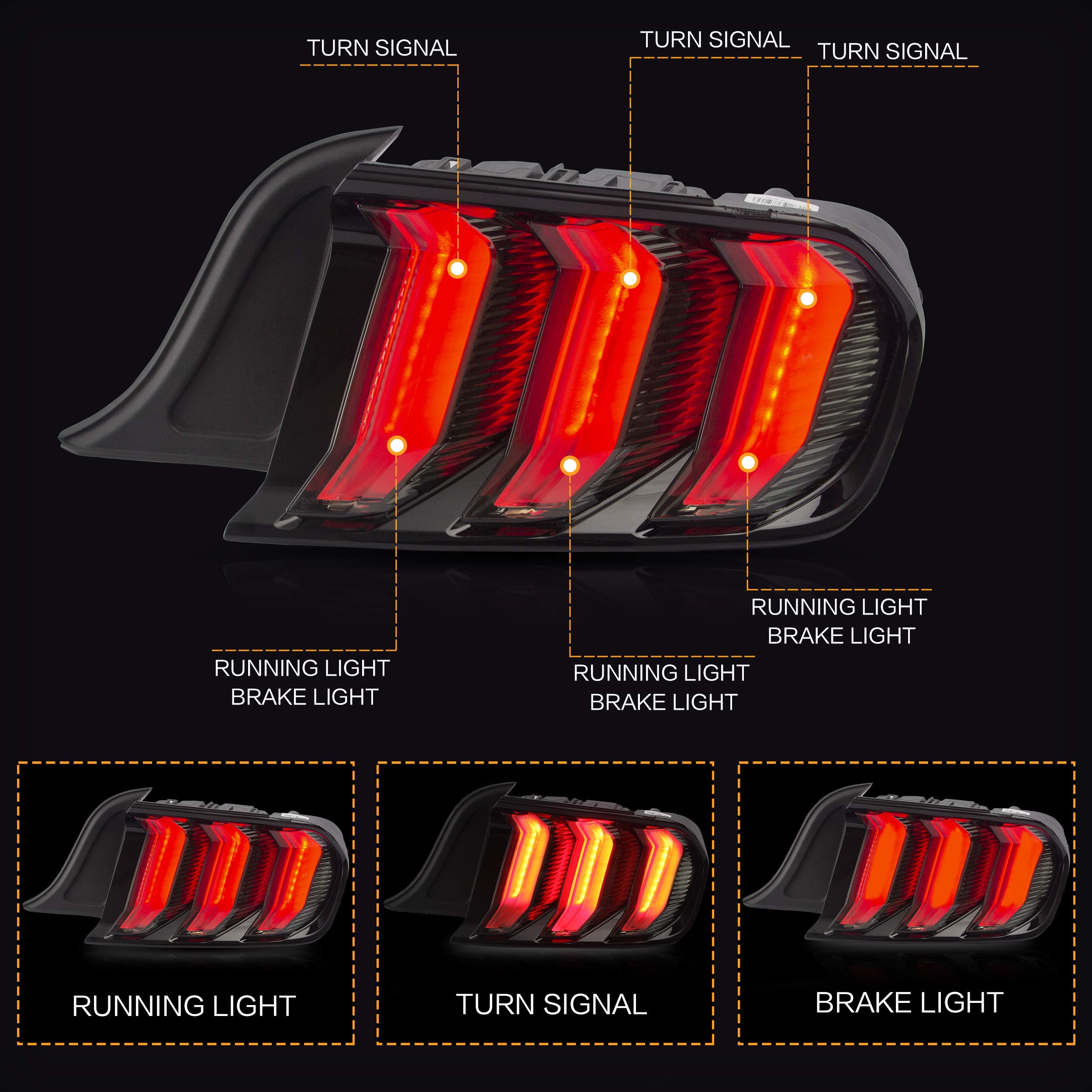 VLAND Smoked LED Tail Lights Assembly for Ford Mustang 2015-2020 - Sequential Turn Signals, 5 Lighting Modes, Plug & Play Installation - Upgrade Your Mustang's Rear Style for Night Driving & Car Shows