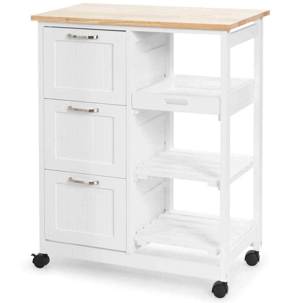 3-Tier Rolling Kitchen Island Cart with Wheels & Storage Drawers - Industrial Wood Serving Cart, Mobile Storage Cabinet for Kitchen, Dining Room, or Bar - White