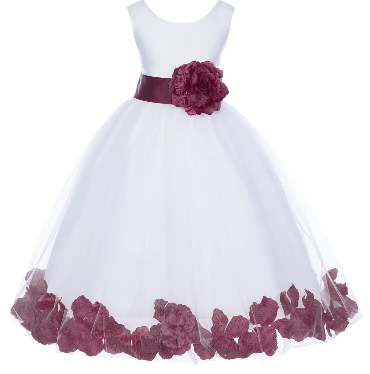 White Tulle Rose Petals Flower Girl Dress - Elegant Christening Gown for Weddings & Baptisms (Style 302T, Size M) - Perfect for Flower Girls, First Communion & Special Occasions