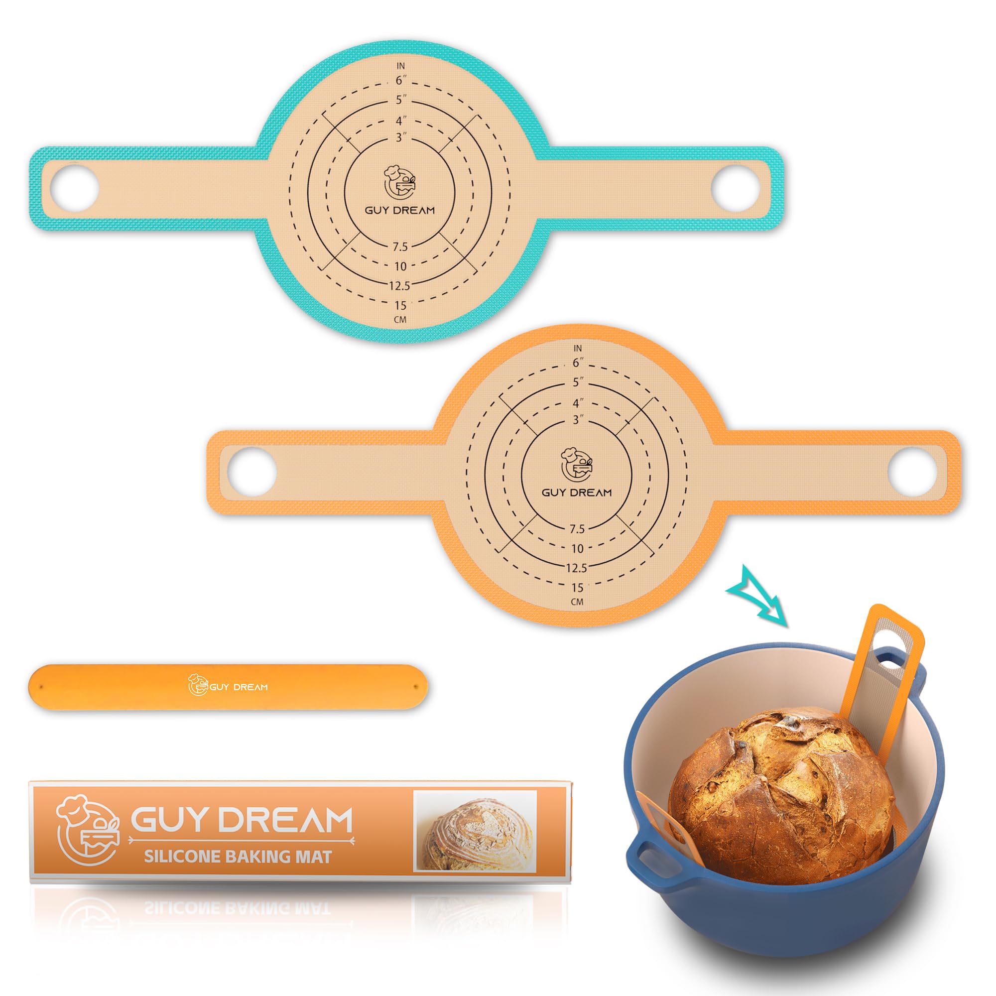 GUYDREMAT Bread Sling - Premium Silicone Baking Mat for Sourdough Bread, Dutch Oven Liner - 2-Piece Set with Storage Band - Non-Stick, Heat-Resistant for Perfect Homemade Bread Baking - Ideal for Artisan Loaves, Baguettes, and Rustic Breads