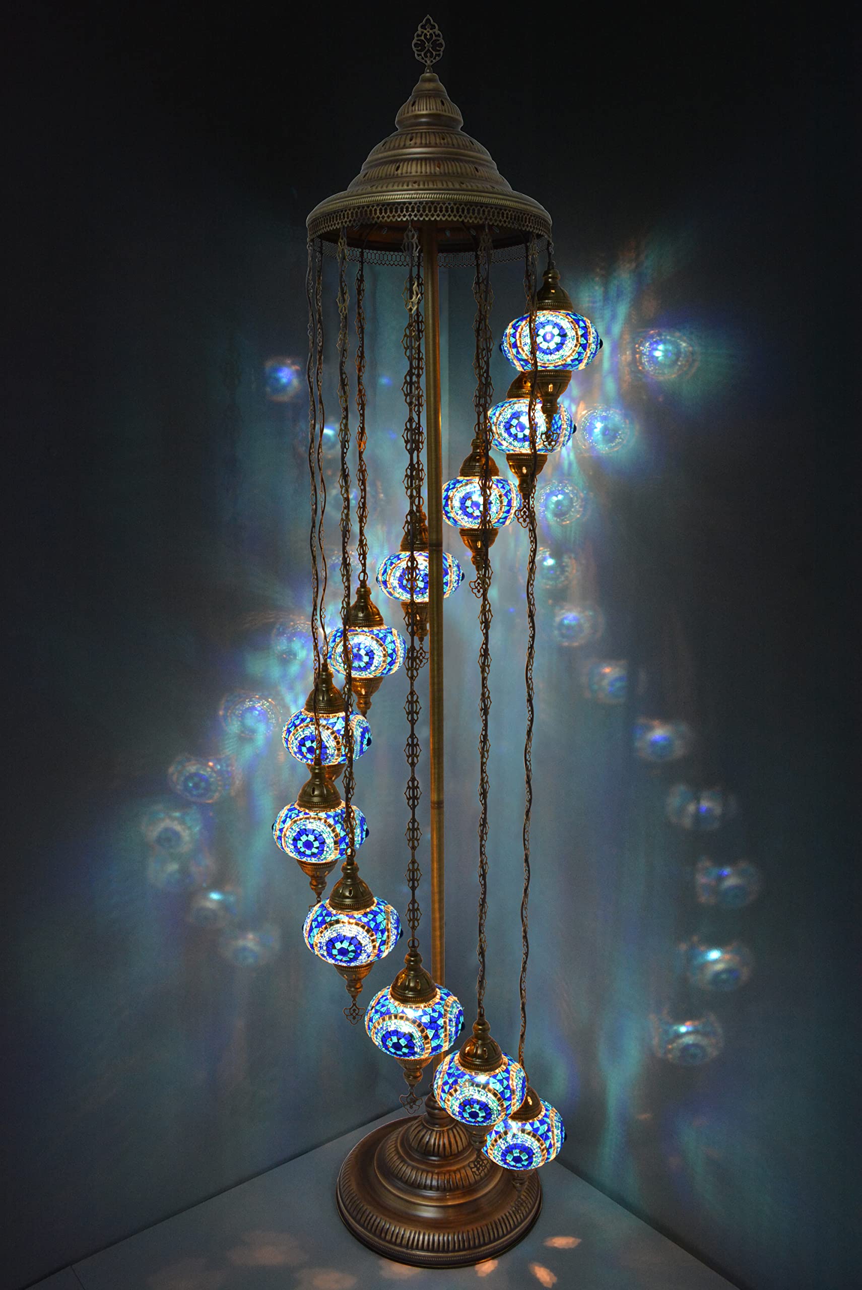 MOZAIST 7 Feet Turkish Moroccan Mosaic Floor Lamp - 11 Globe Colorful Bohemian Stained Glass Lighting with E12 Socket | Plug-in Cord (Blue) | Perfect for Living Room, Bedroom, Office & Boho Night Decor