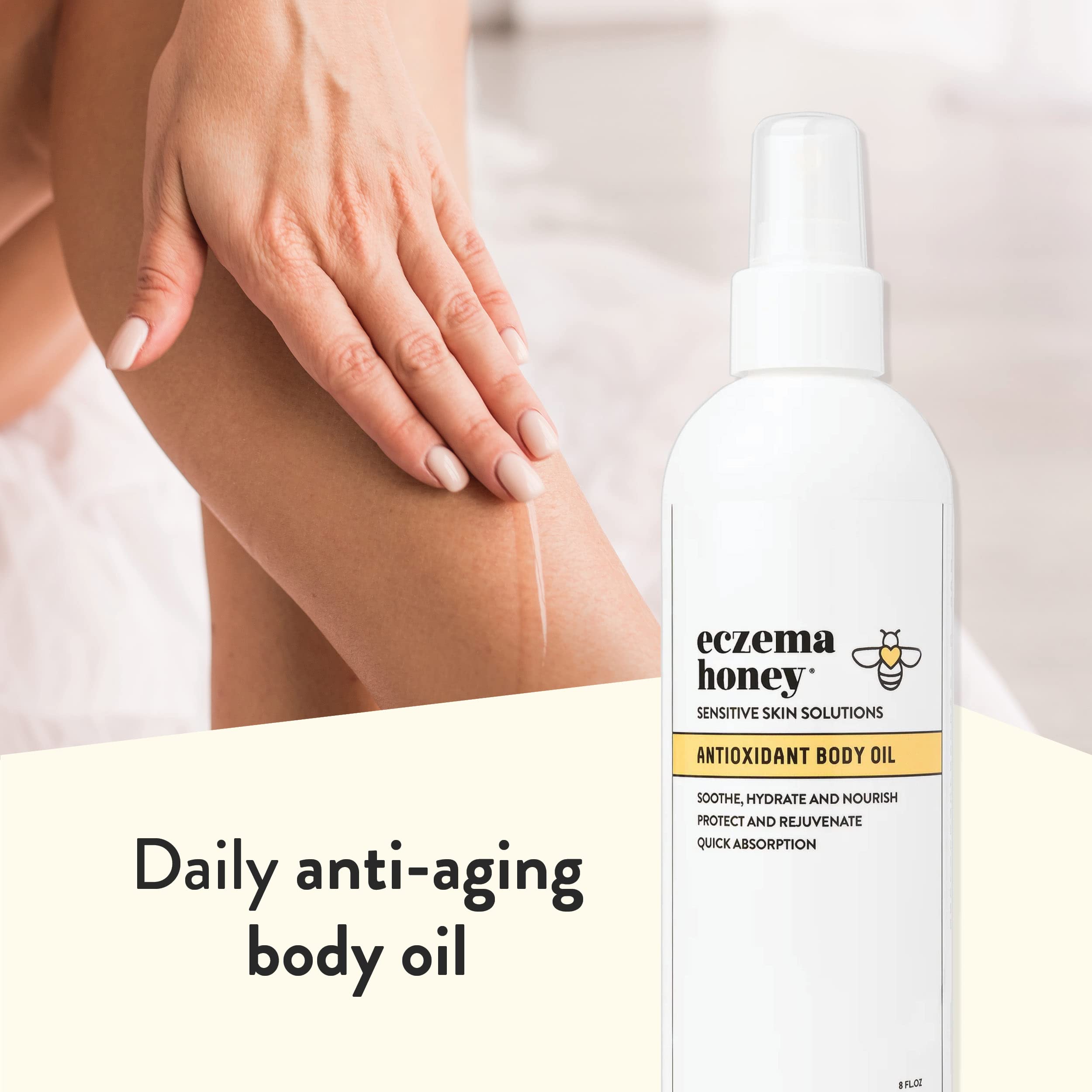 Eczema Honey Antioxidant Body Oil Spray - Unscented Moisturizing Skin Oil for Eczema-Prone & Sensitive Skin - After Shower Hydration for Women, Men & Kids (8 Fl Oz) - Perfect for Daily Skincare Routine & Post-Bath Hydration