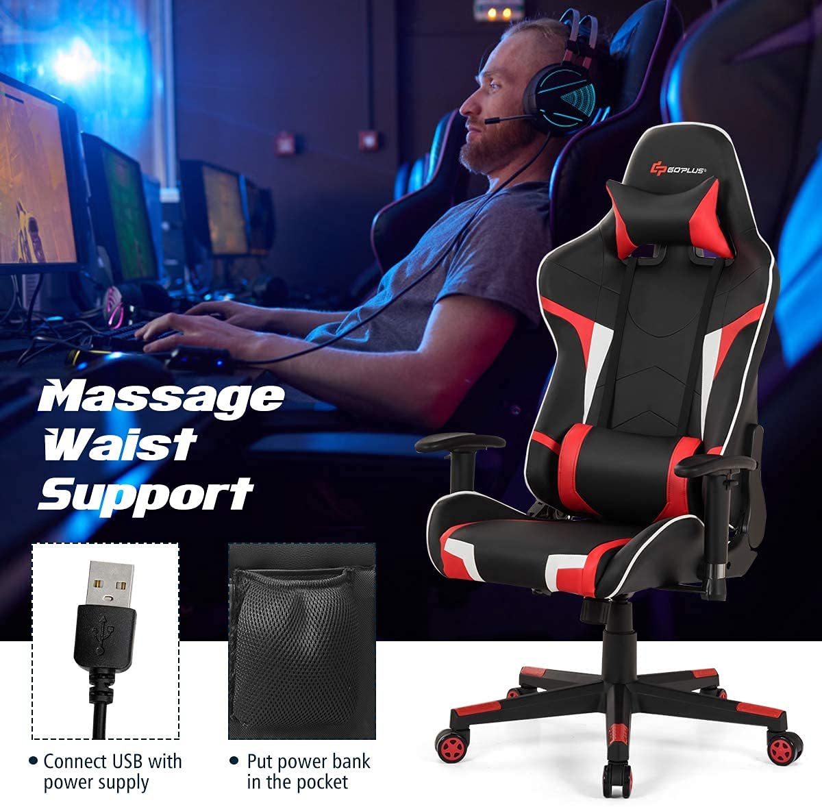 Ergonomic Massage Gaming Chair - High Back Office Computer Chair with Adjustable Headrest & Lumbar Support, Racing Style Recliner Swivel Chair for Home & Gaming - Perfect for Esports, Work from Home & Relaxation (Red)