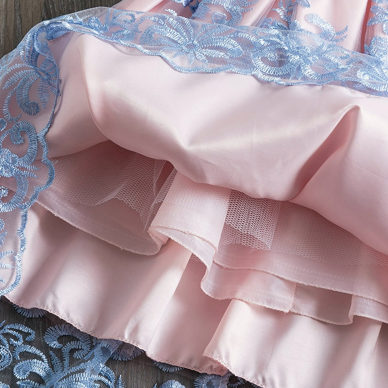 Blue Princess Boat Neck Tea-Length Satin Flower Girl Dress for Weddings, Birthday Parties & Special Occasions