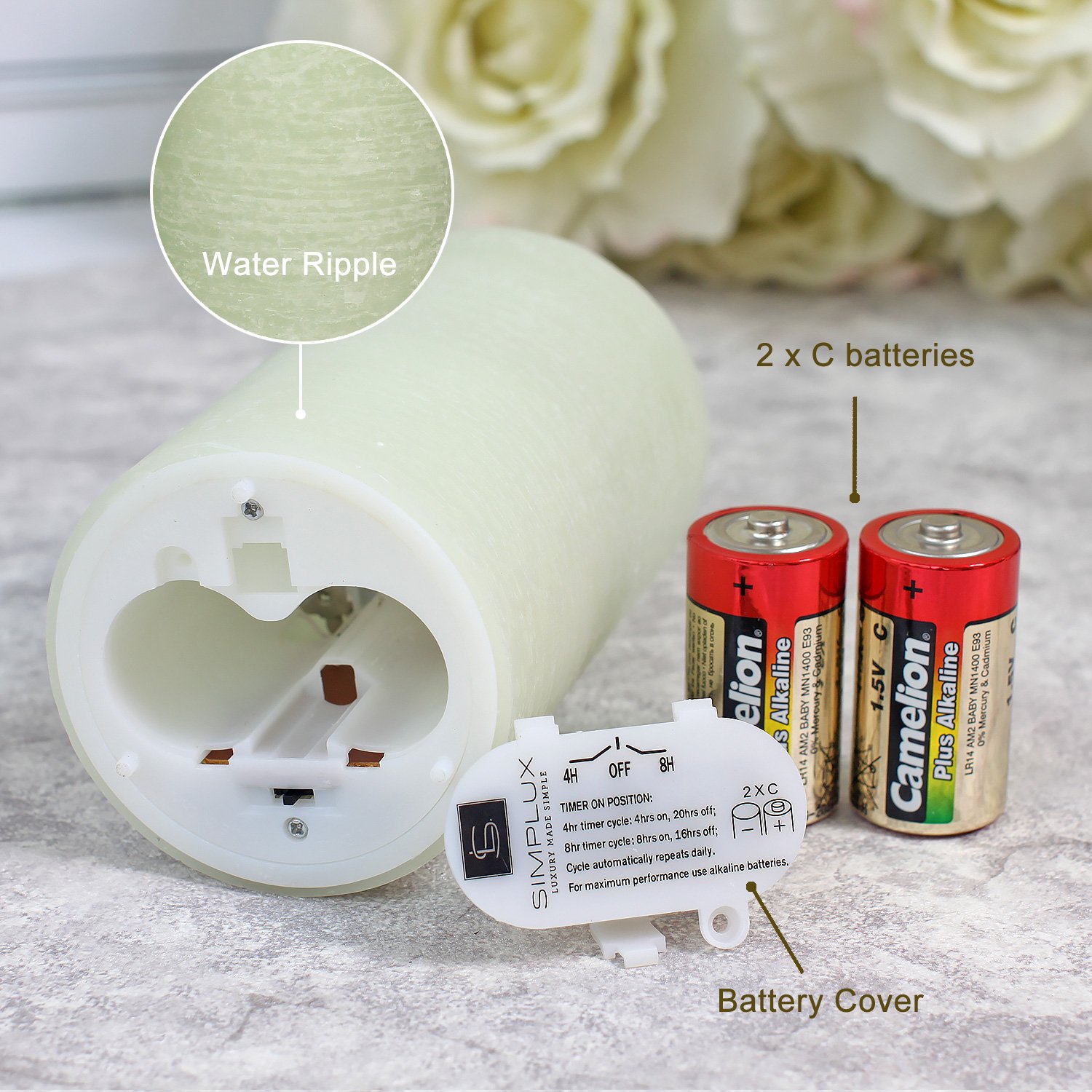 SIMPLUX SPX-000090 Flameless LED Moving Candle - Battery Operated with Timer, 3 x 5.25 Inches, Sage Green - Perfect for Home Decor, Weddings, and Romantic Dinners