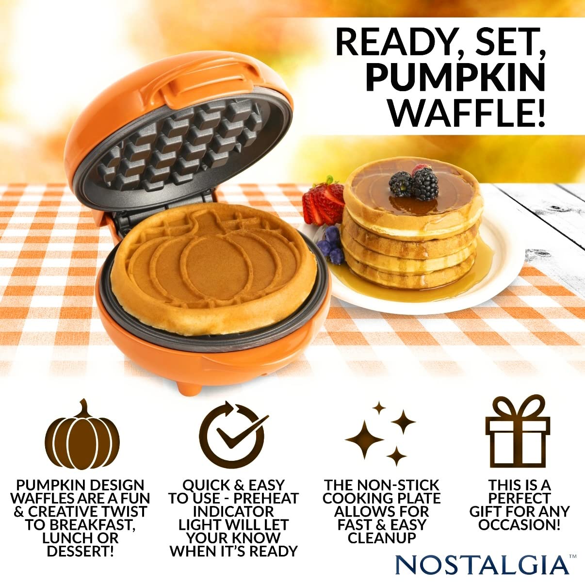 Nostalgia MyMini Personal Electric Pumpkin Waffle Maker - Orange | Compact Waffle Iron for Halloween, Fall Breakfast, Kids Snacks & Holiday Desserts