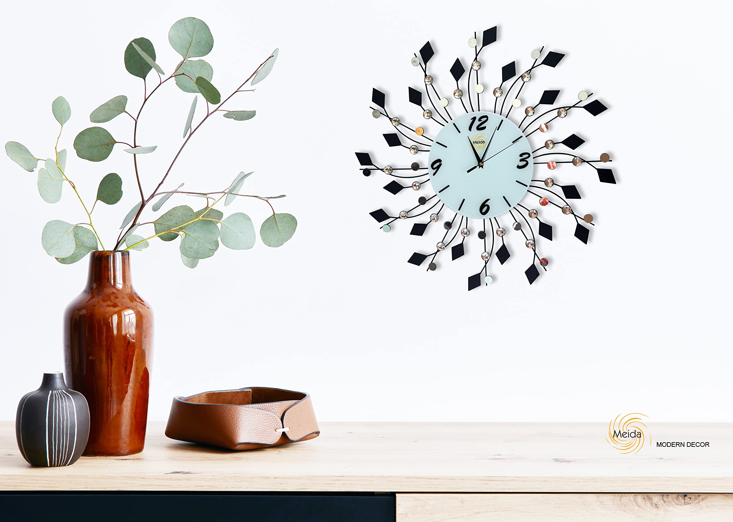 Large Oversized Metal Wall Clock with Glass Face & Crystal Accents - Elegant Home Decor for Living Room, Bedroom, or Office