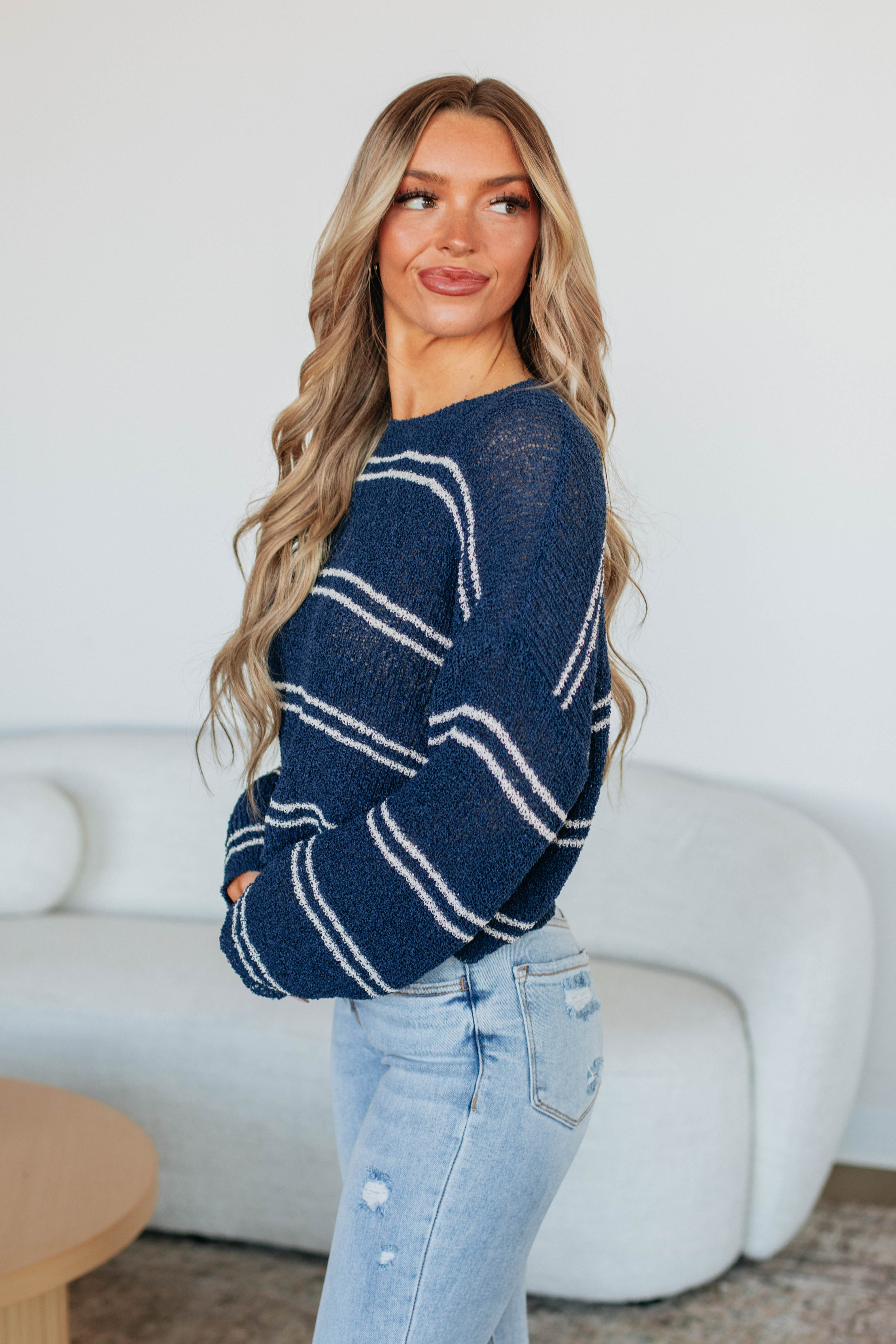 Geralyn Striped Sweater for Women - Navy Blue & White Knit Pullover | Cozy Casual Wear for Fall & Winter
