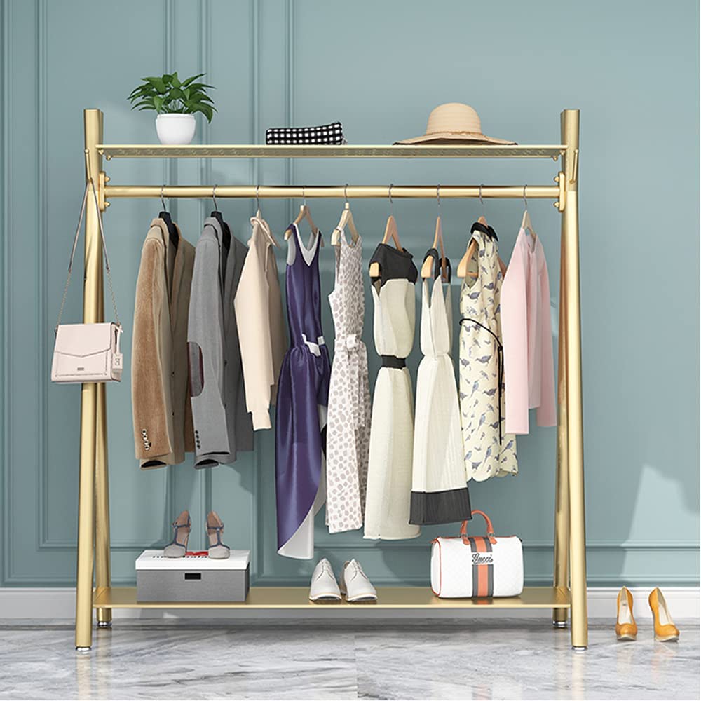 MAIKAILUN Heavy Duty Freestanding Industrial Gold Clothes Rack with Double Shelves - 47 Inch Movable Coat Rack for Organizing Clothes, Shoes, Jackets - Perfect for Bedroom, Closet, Laundry Room or Retail Store Display