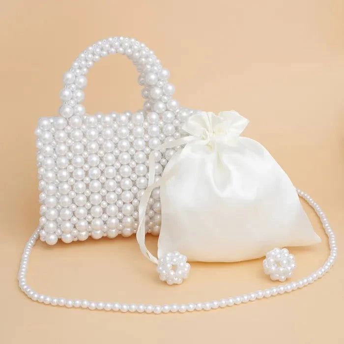 Elegant White Pearl Woven Handmade Square Top Handle Bag for Women - Perfect for Weddings, Parties & Special Occasions