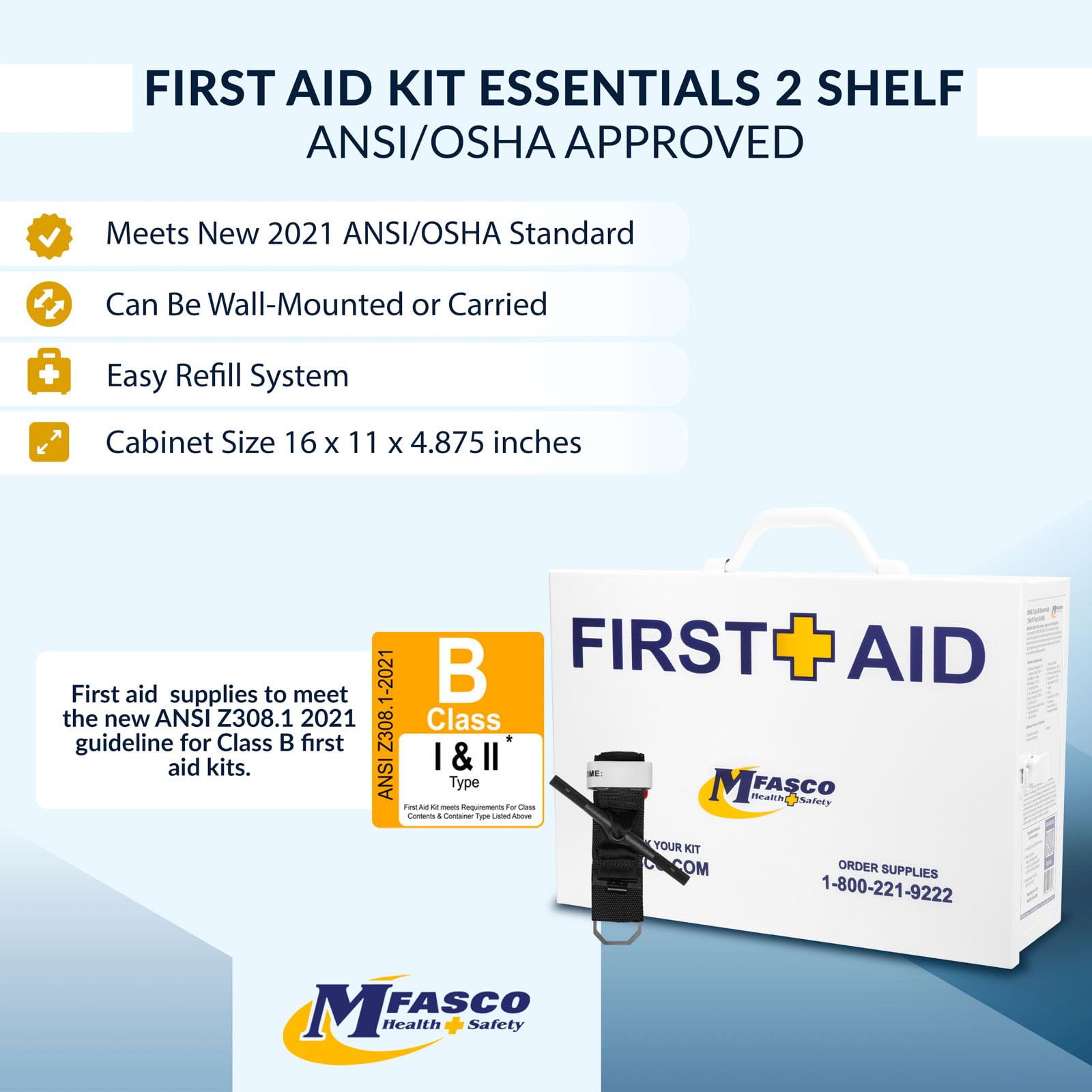 OSHA 2021 Class B Essentials First Aid Kit - 171 Pieces with 2 Shelf Metal Case | Workplace Safety, Emergency Preparedness & Home Use