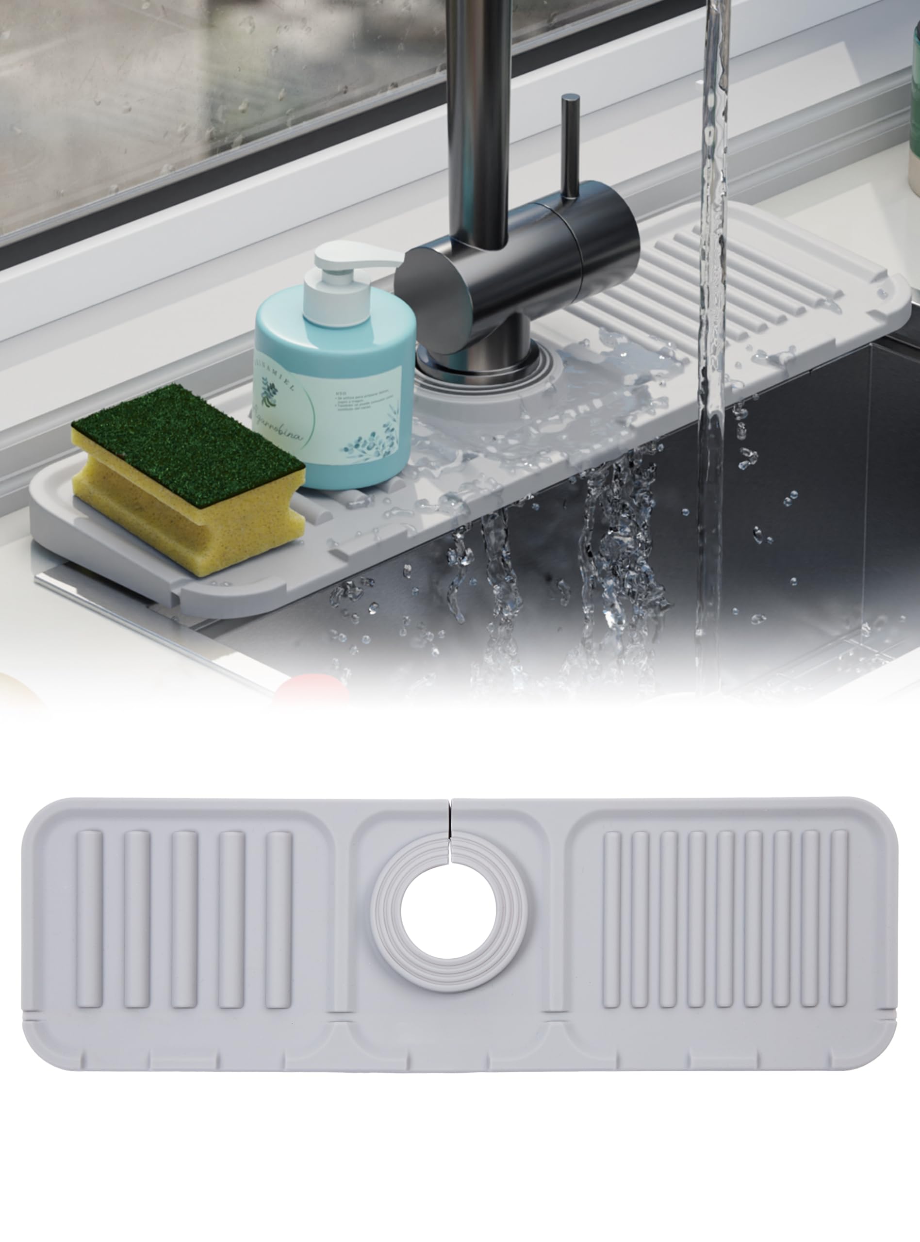 ARCLIBER Silicone Kitchen Sink Splash Guard with Drip Catcher Tray - 12.6''x4'' Grey Sink Accessory, Sponge Holder & Drying Mat - Perfect for Preventing Water Splashes & Organizing Kitchen Sink Area